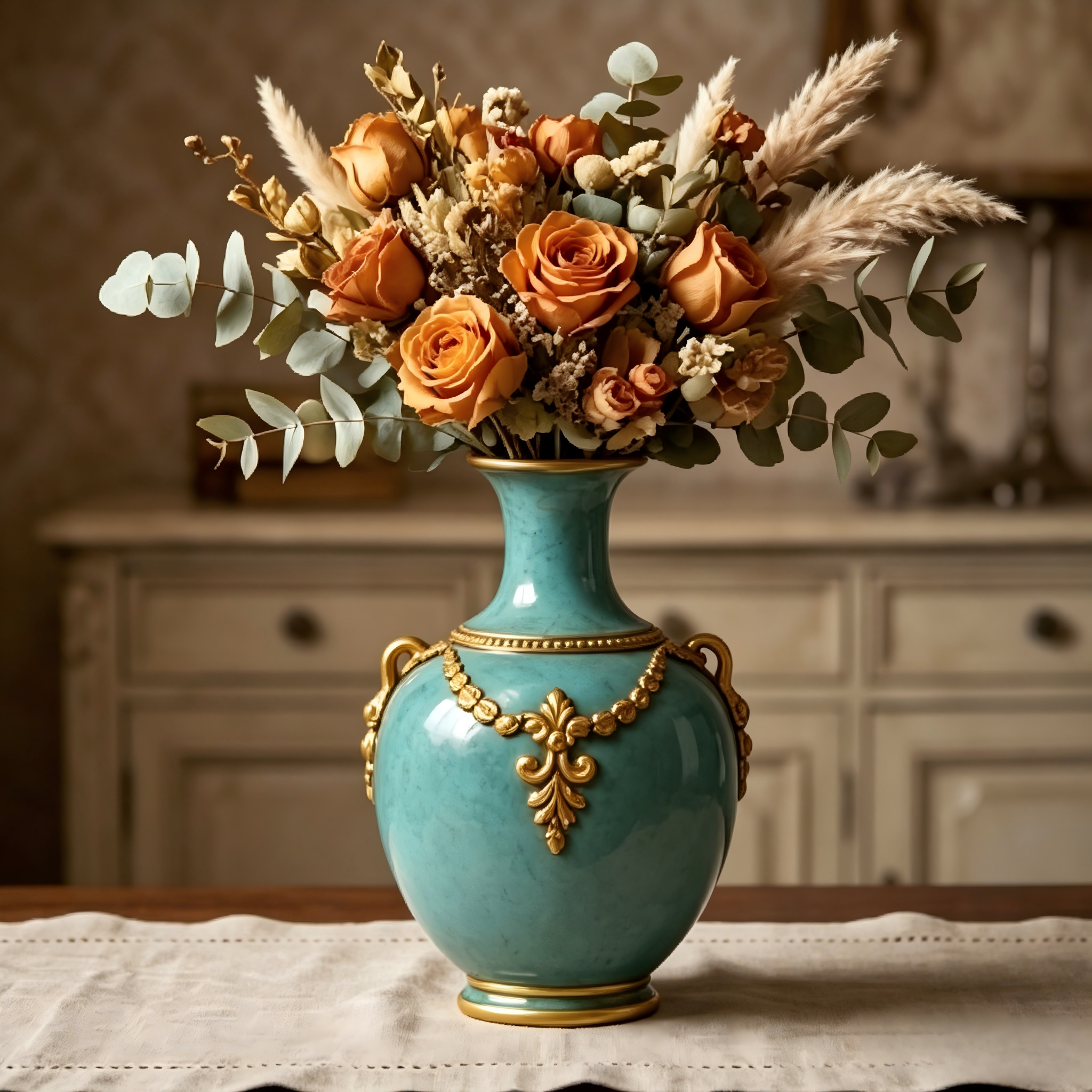 Ornate Turquoise and Gold Ceramic Vase