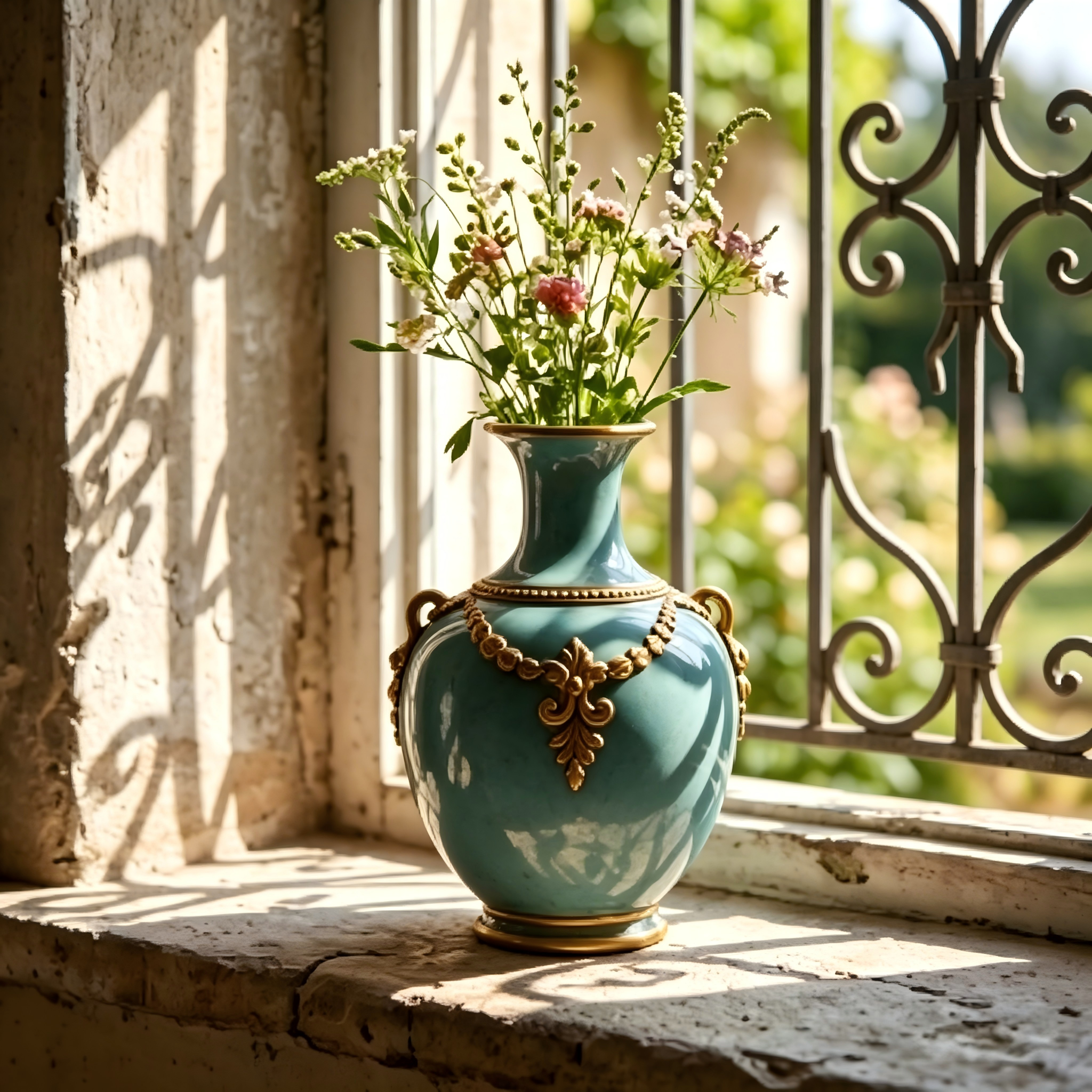 Ornate Turquoise and Gold Ceramic Vase