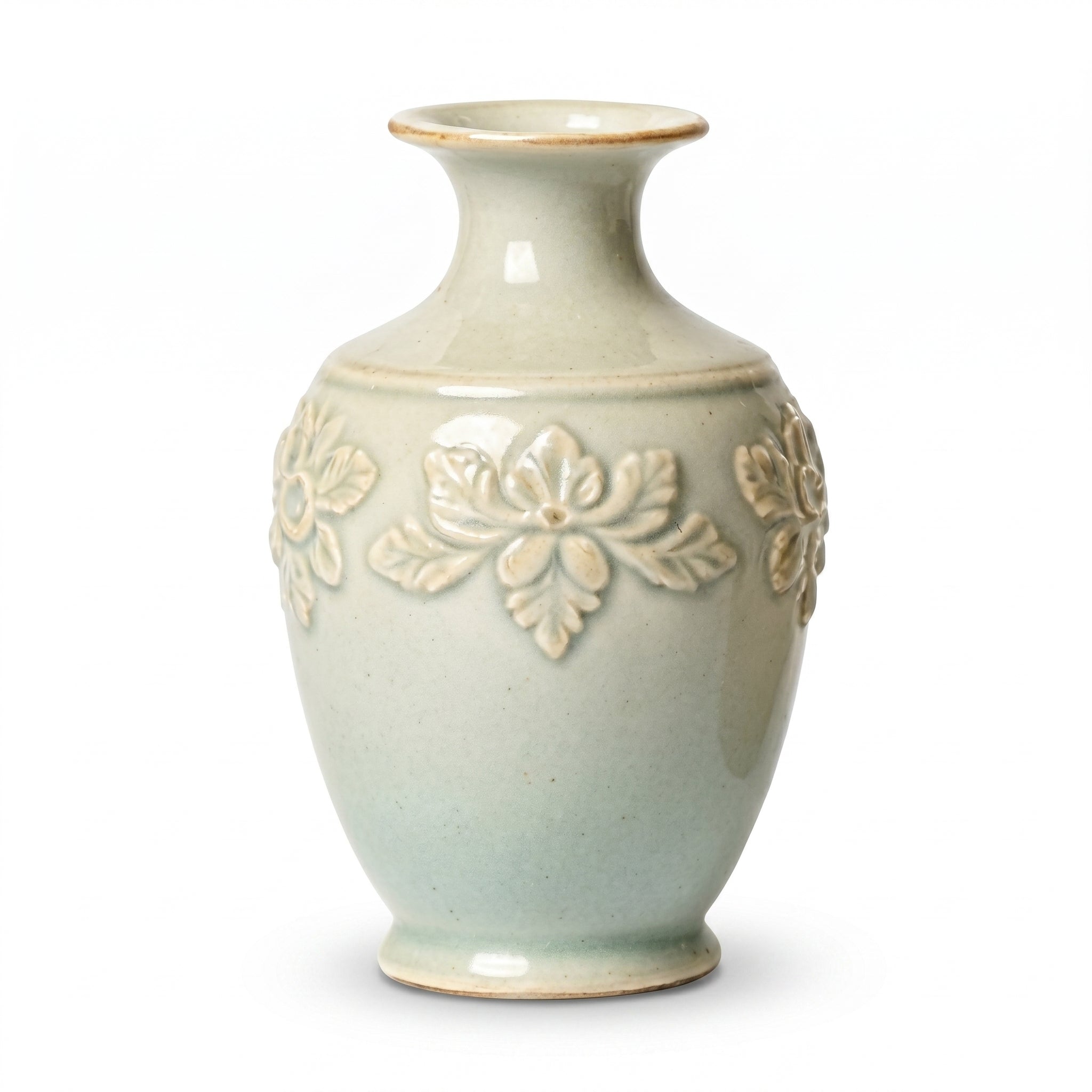 Embossed Botanical Pale Celadon Ceramic Vase