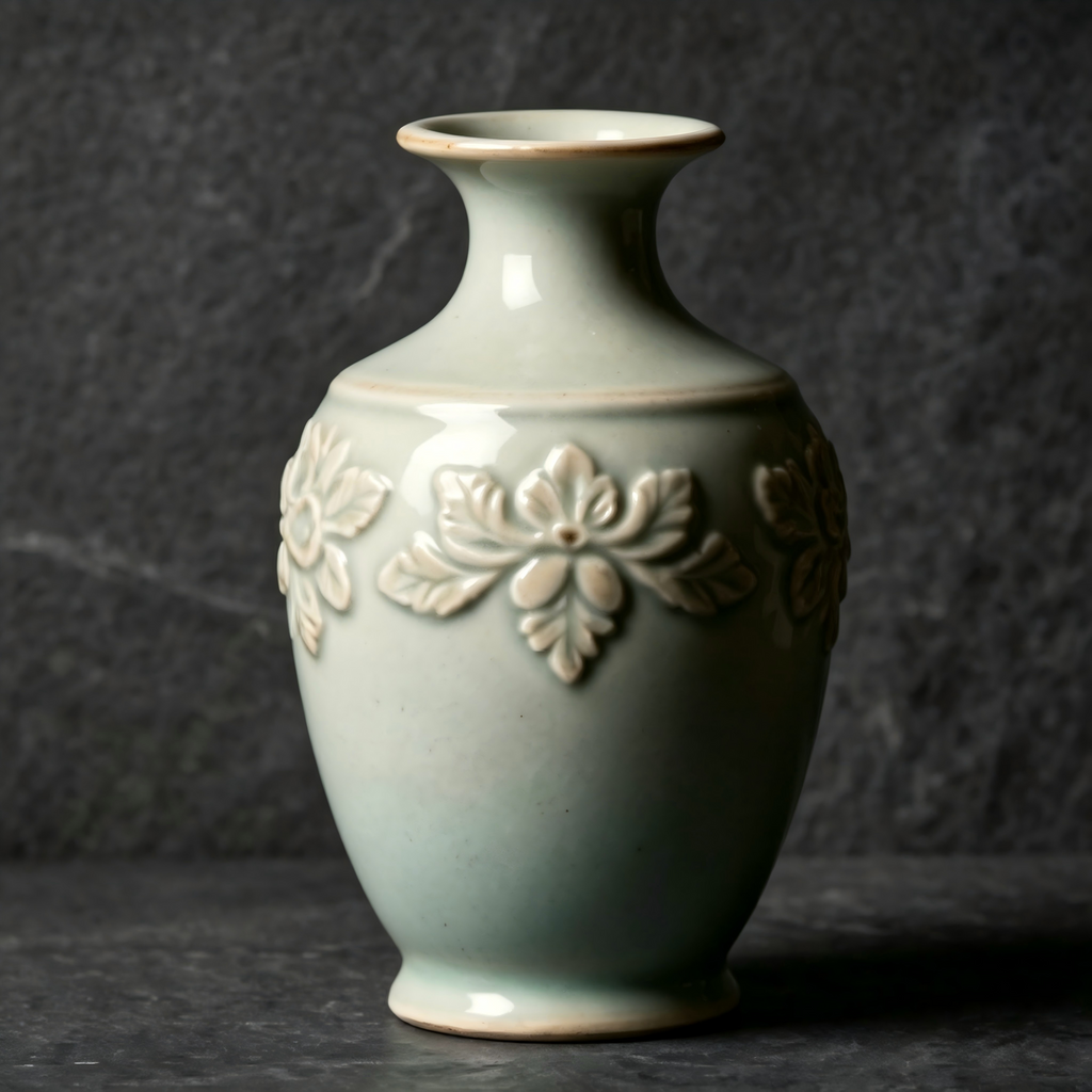 Embossed Botanical Pale Celadon Ceramic Vase