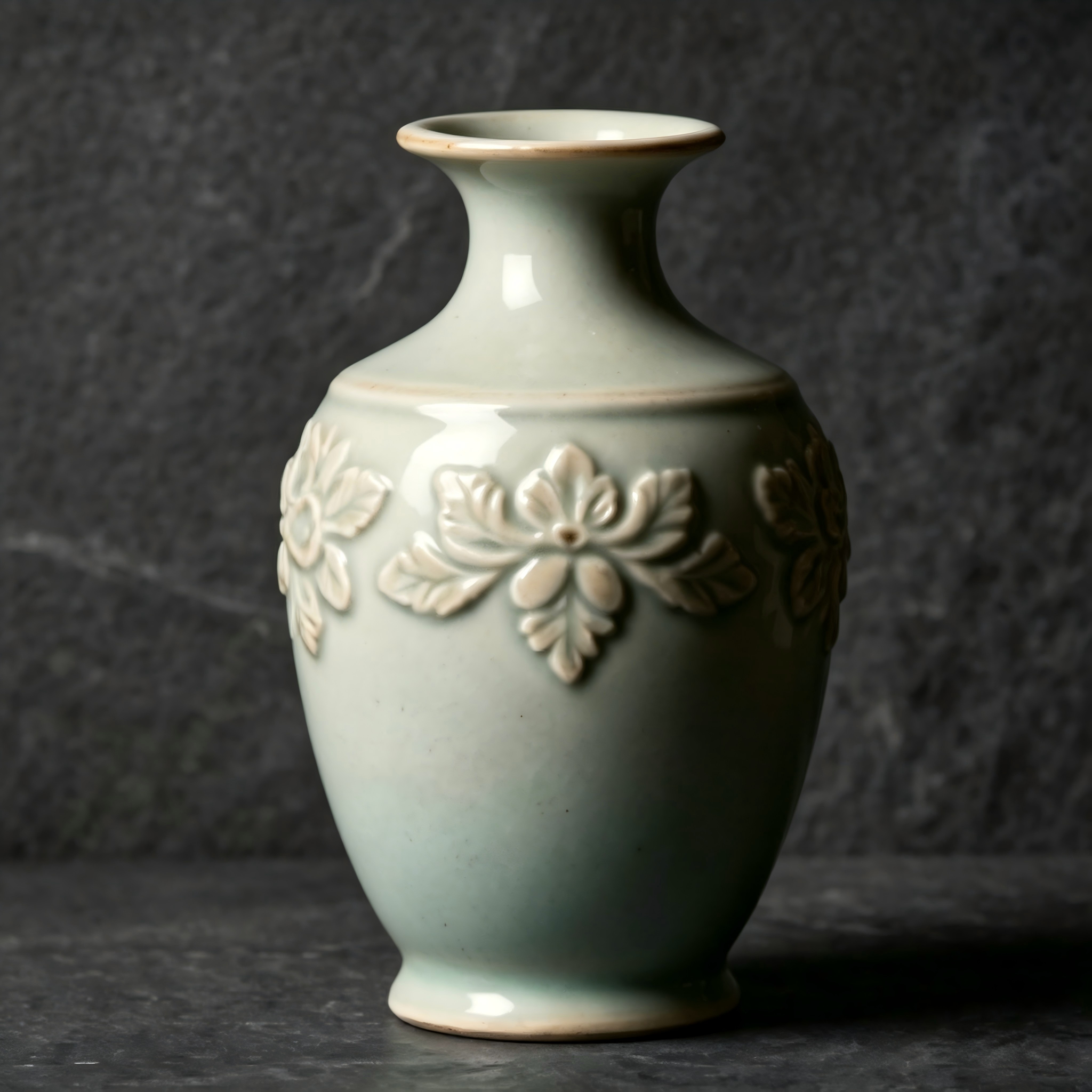 Embossed Botanical Pale Celadon Ceramic Vase