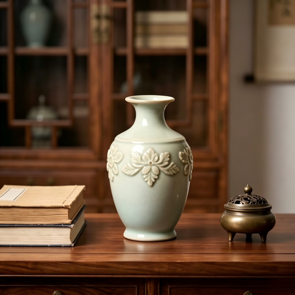Embossed Botanical Pale Celadon Ceramic Vase