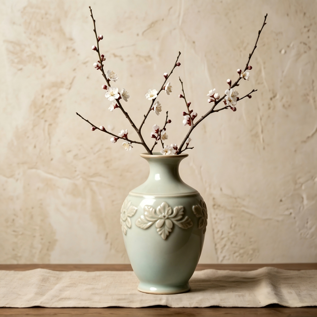Embossed Botanical Pale Celadon Ceramic Vase