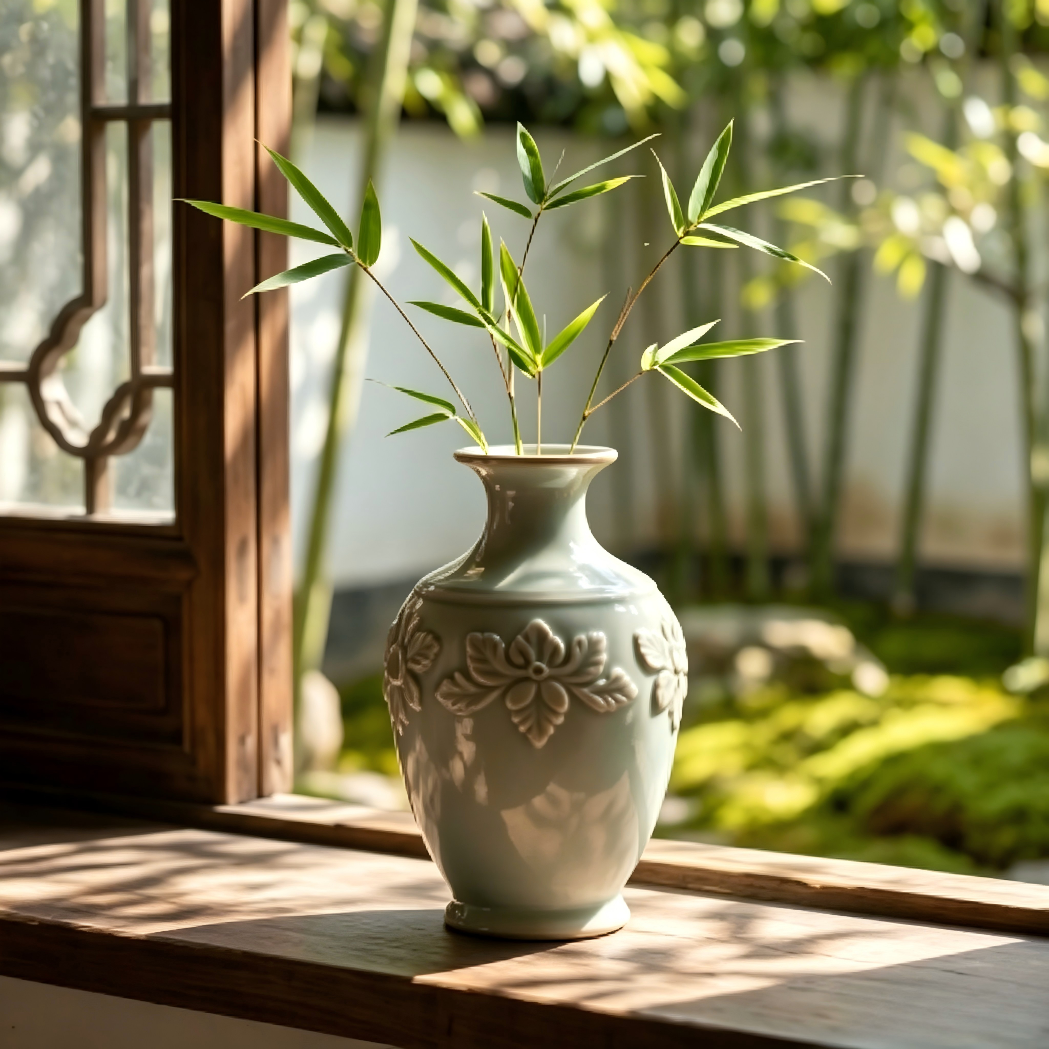 Embossed Botanical Pale Celadon Ceramic Vase