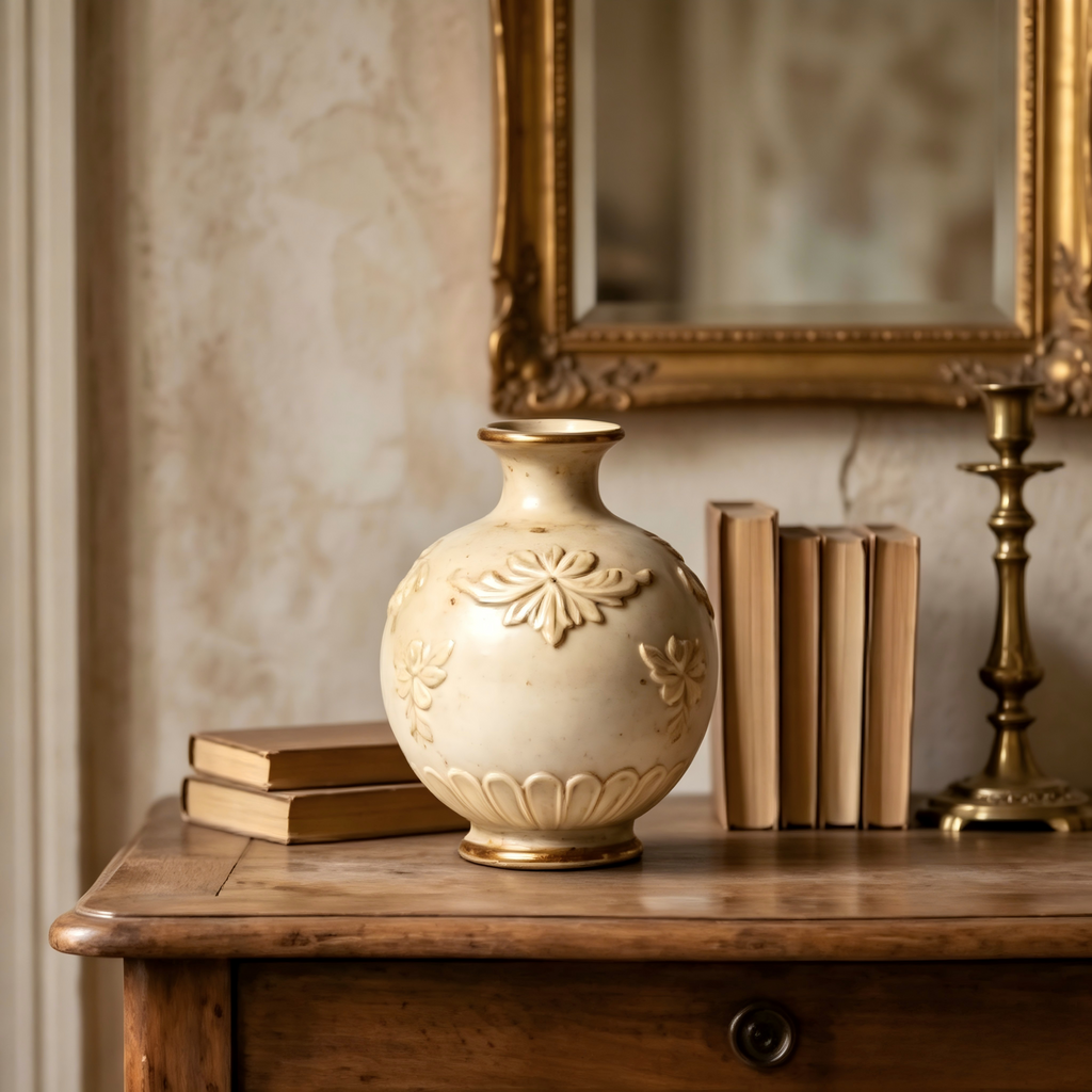 Antiqued Cream Floral Ceramic Vase
