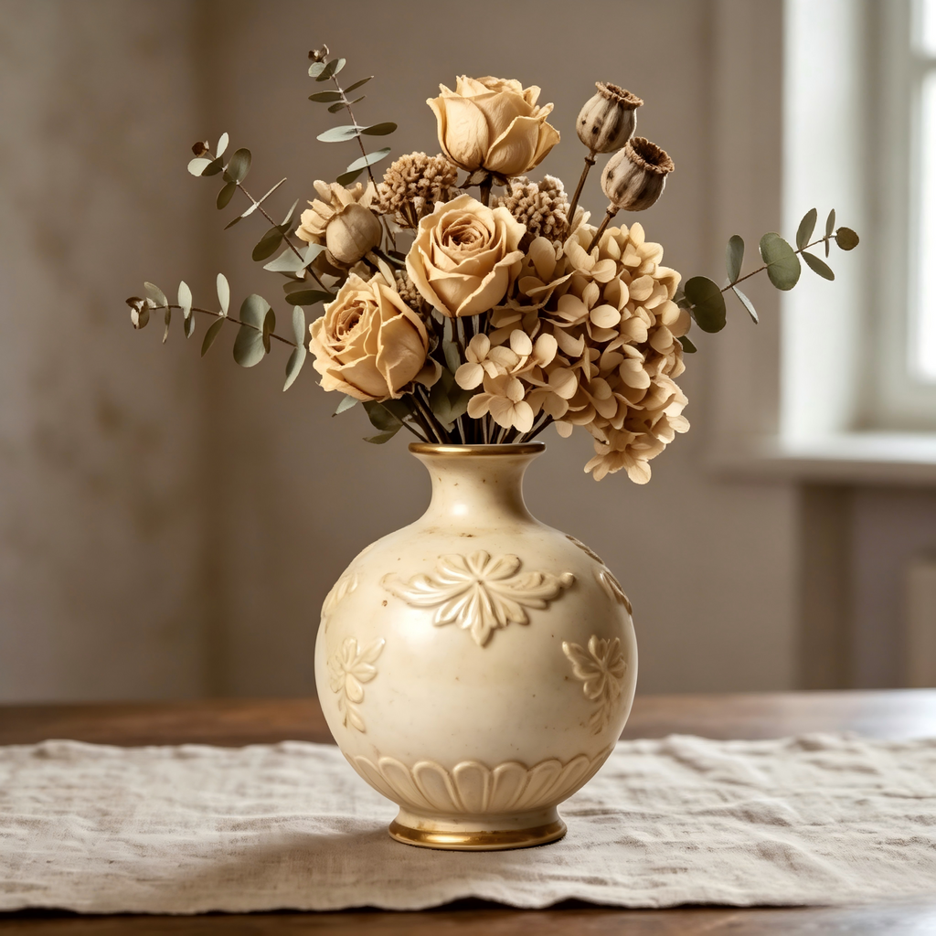 Antiqued Cream Floral Ceramic Vase