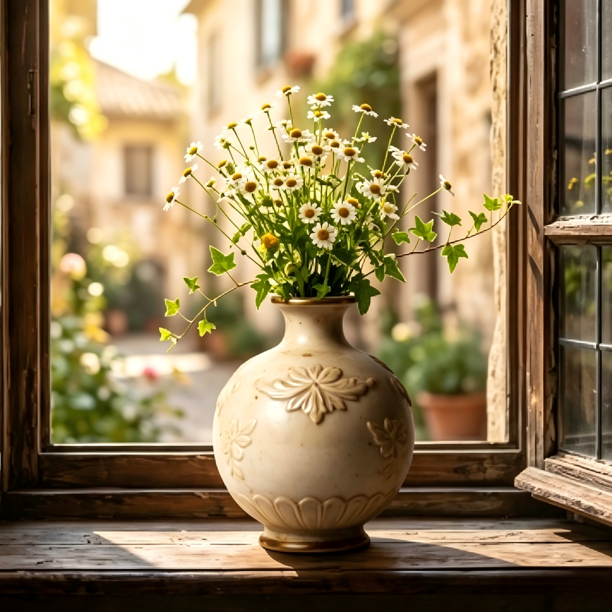 Antiqued Cream Floral Ceramic Vase