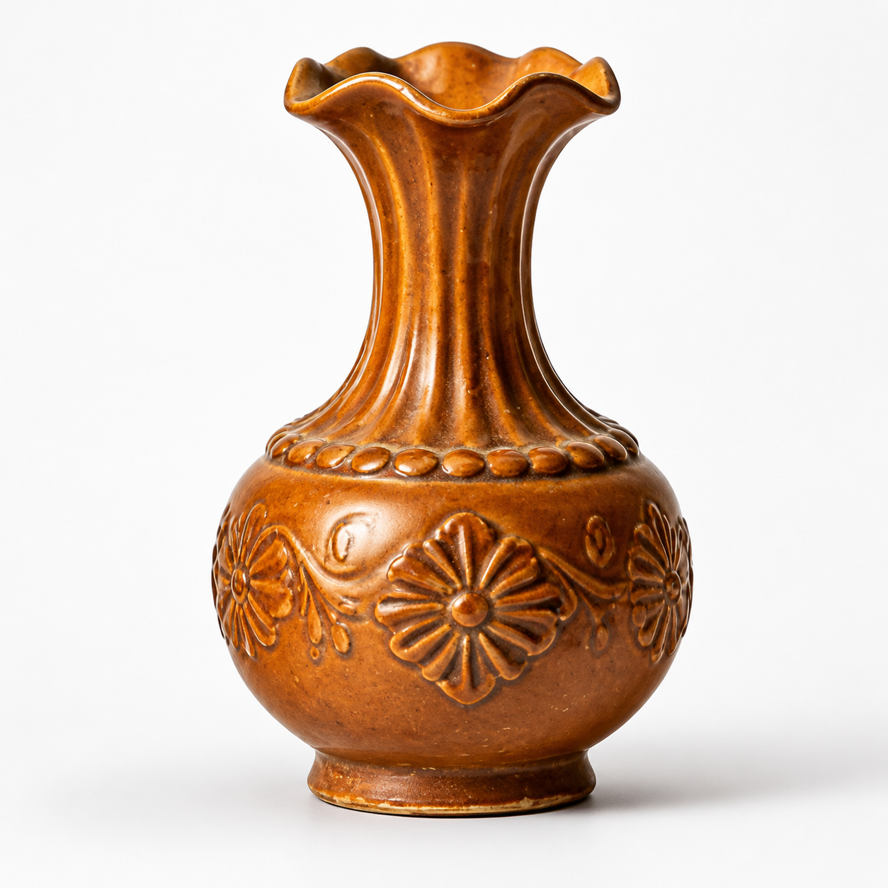 Vintage Amber Embossed Floral Vase