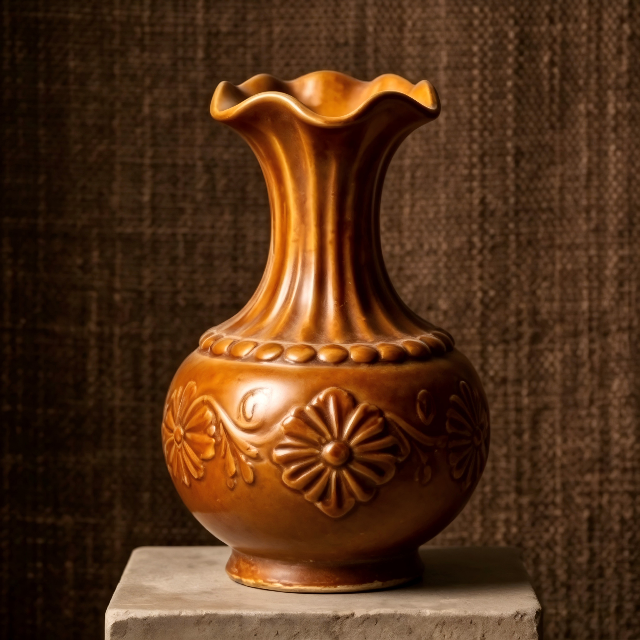 Vintage Amber Embossed Floral Vase