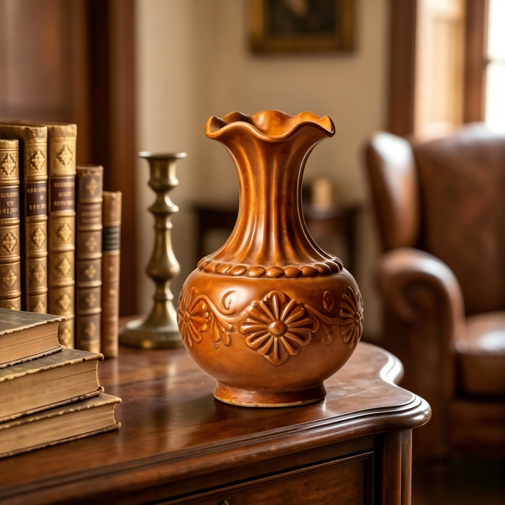 Vintage Amber Embossed Floral Vase