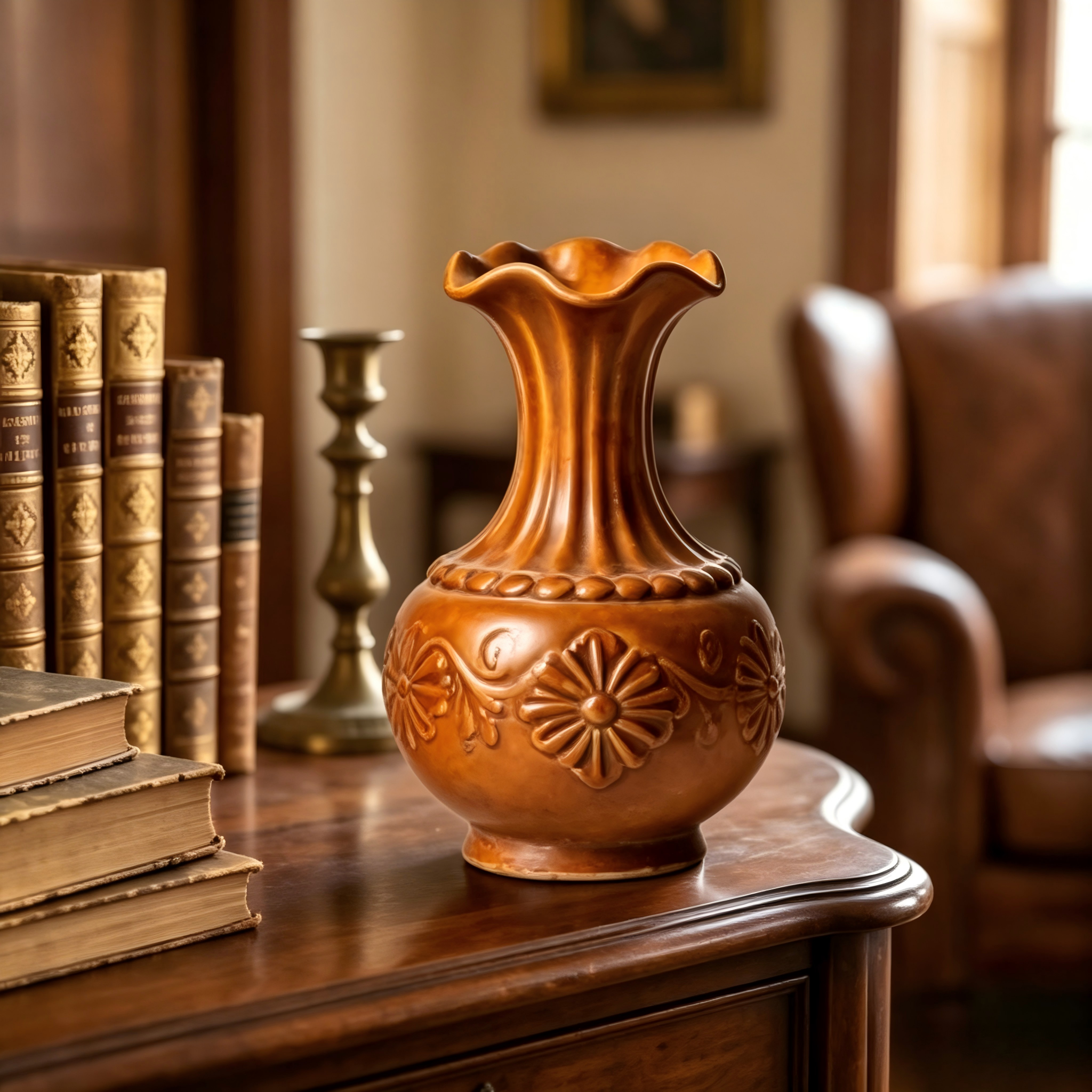 Vintage Amber Embossed Floral Vase