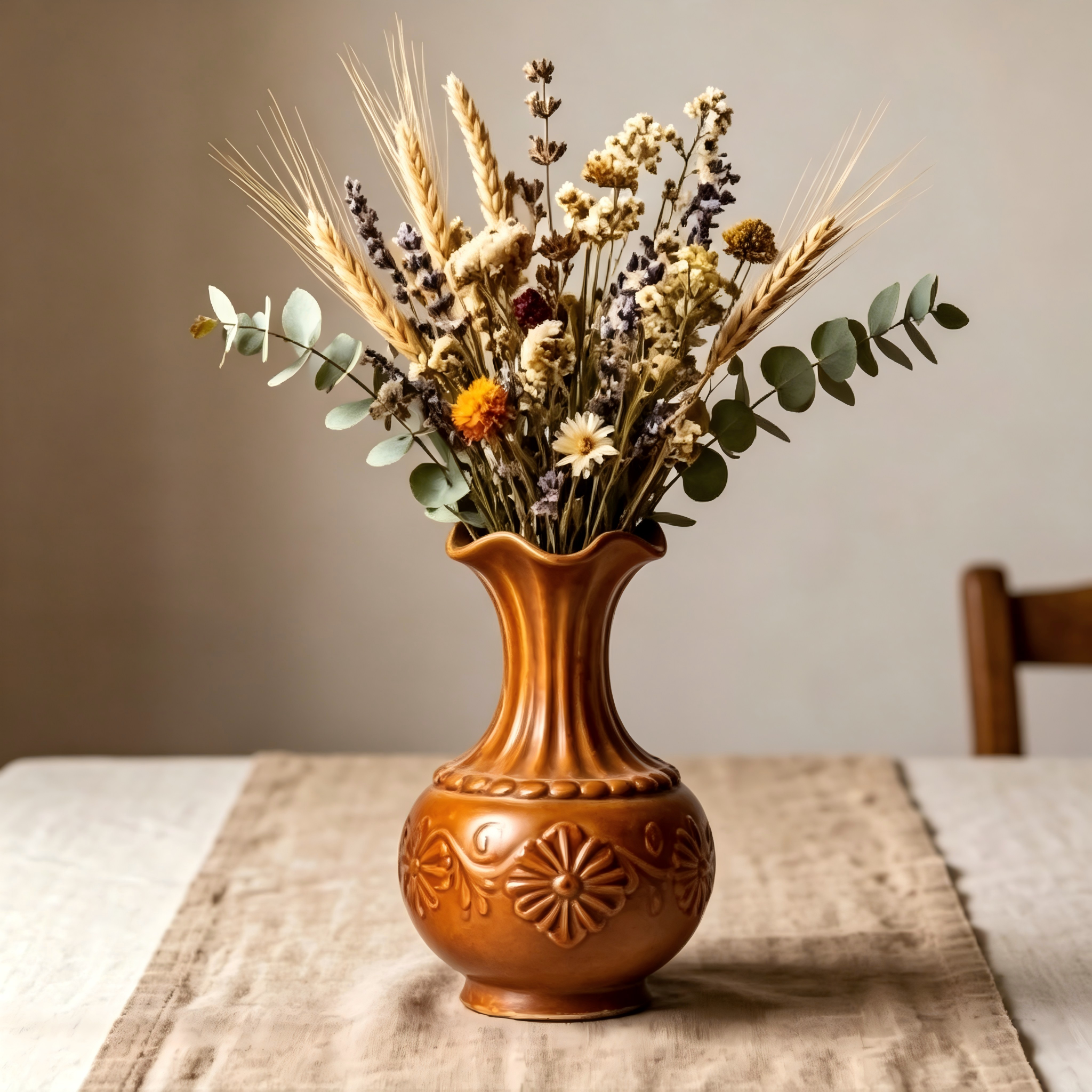 Vintage Amber Embossed Floral Vase