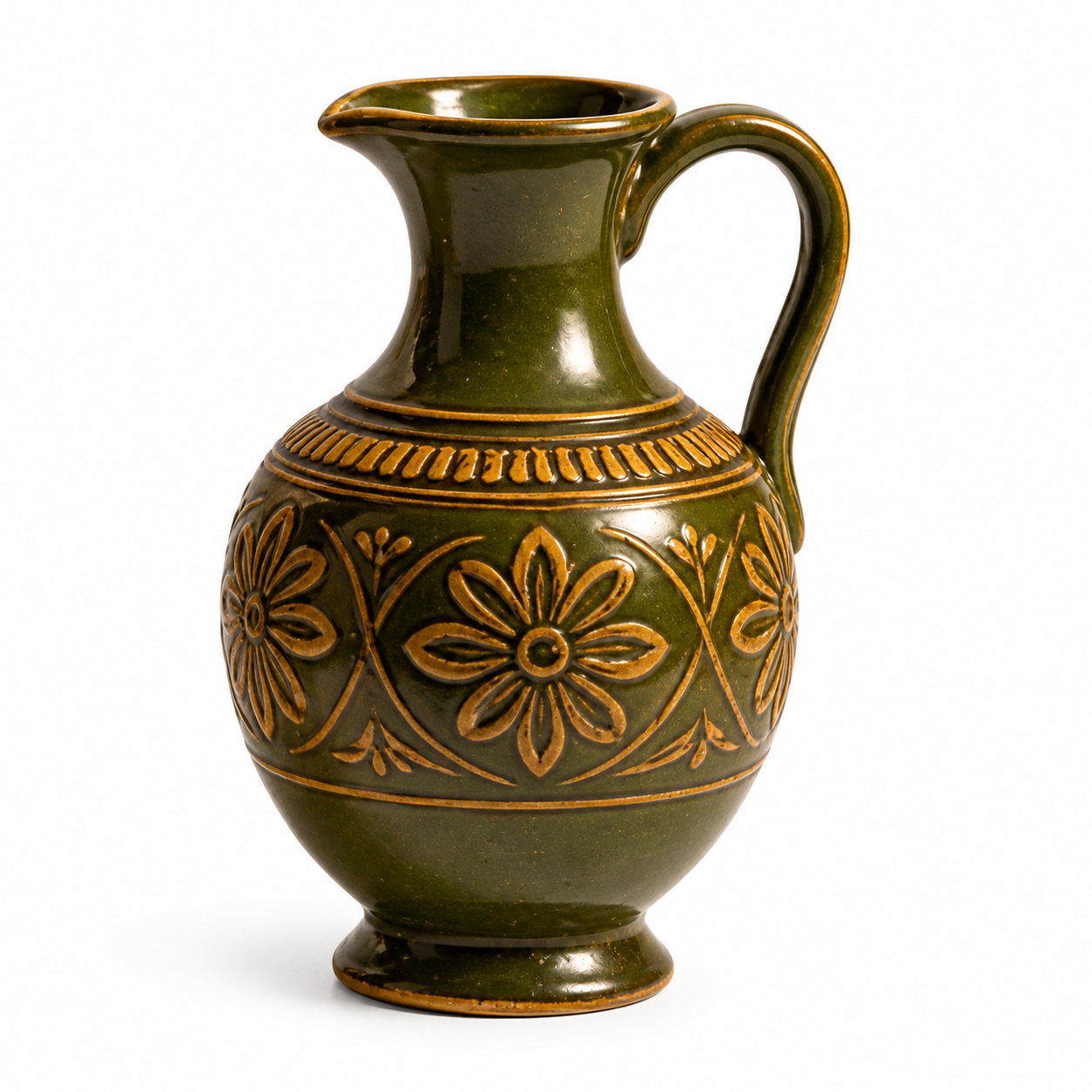 Rustic Olive Green Embossed Floral Pitcher
