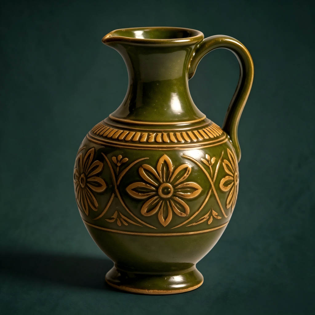 Rustic Olive Green Embossed Floral Pitcher