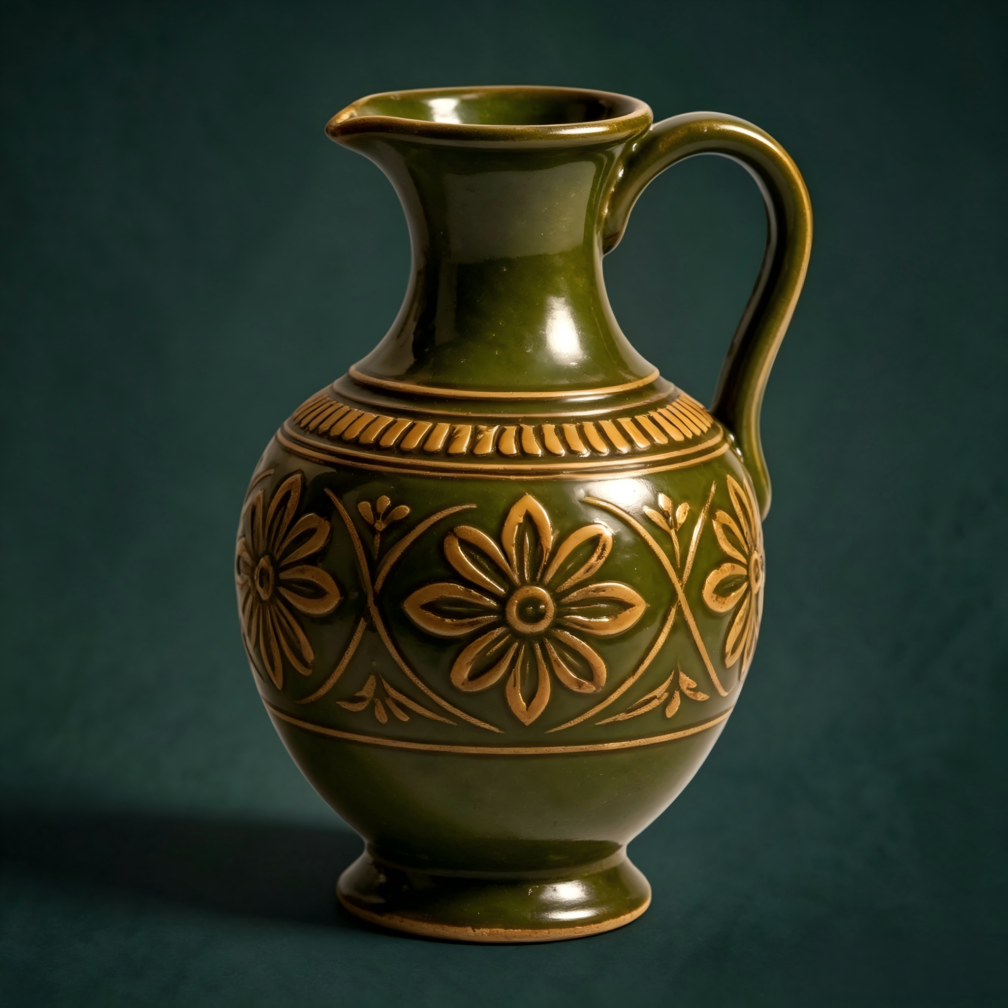 Rustic Olive Green Embossed Floral Pitcher