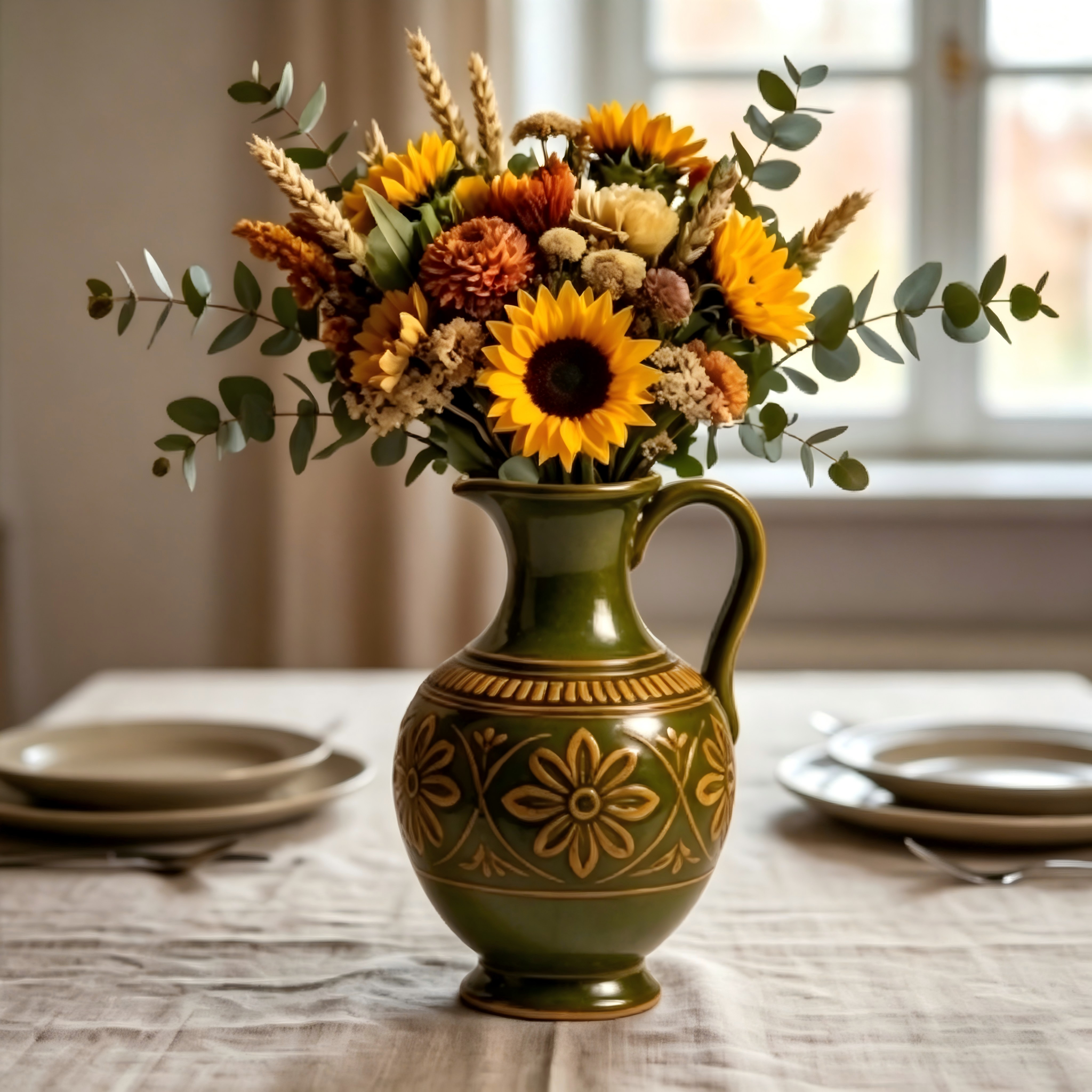 Rustic Olive Green Embossed Floral Pitcher