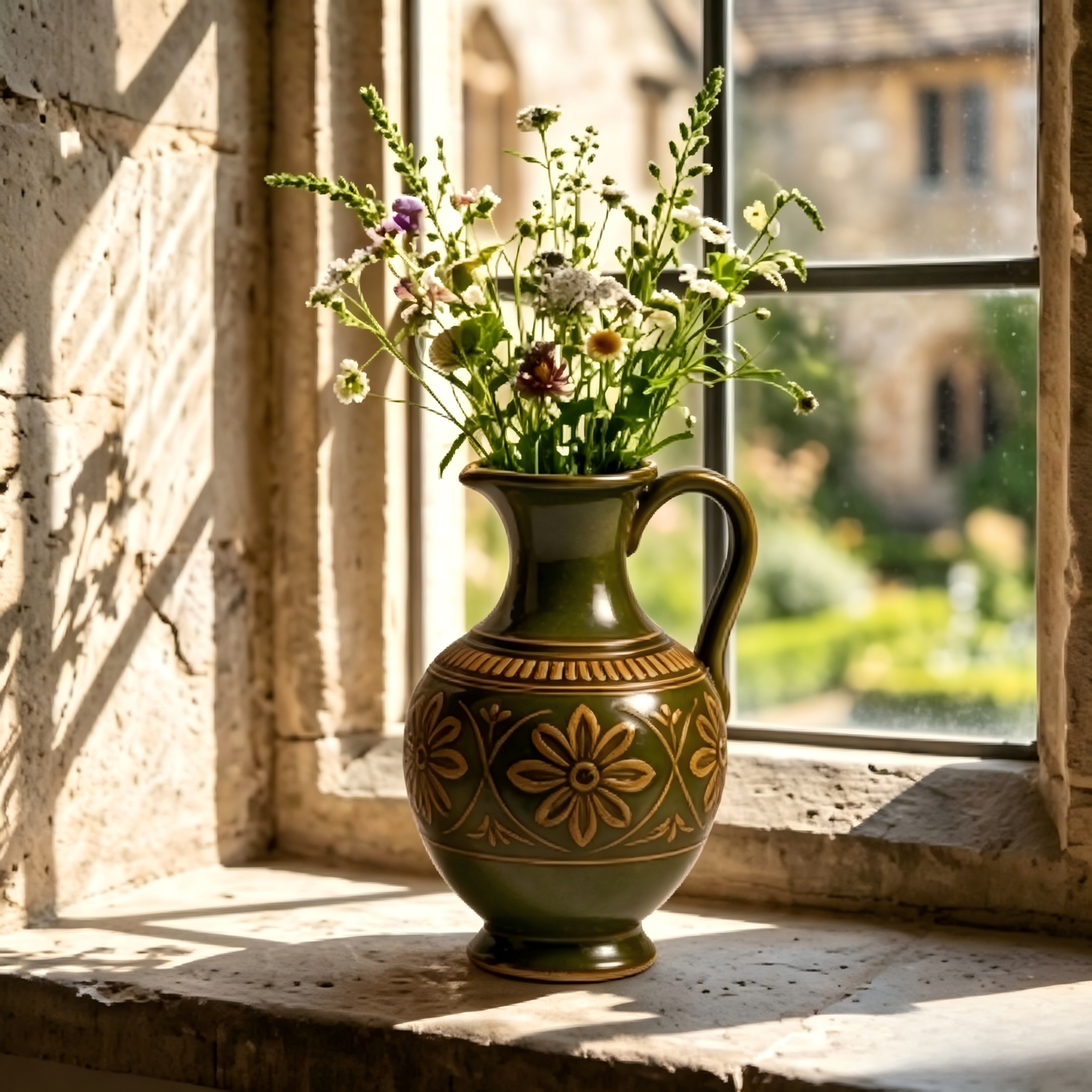 Rustic Olive Green Embossed Floral Pitcher