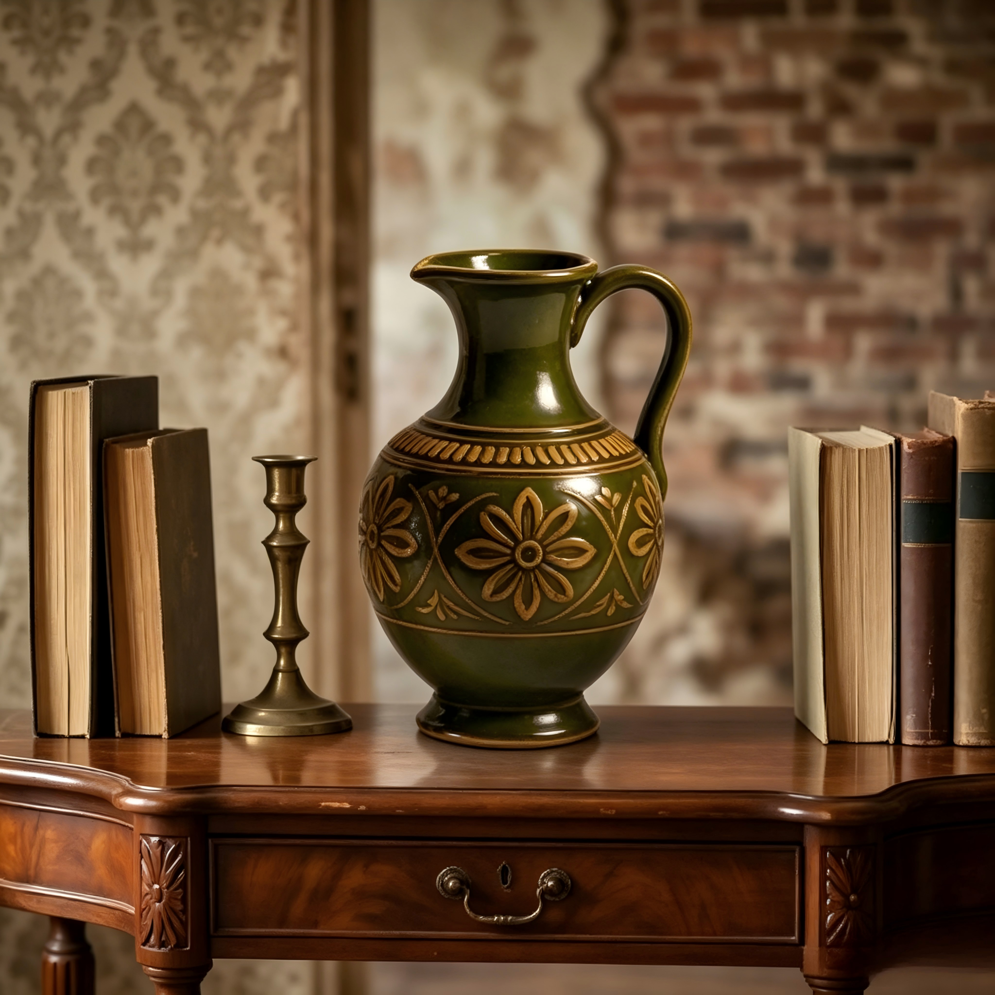 Rustic Olive Green Embossed Floral Pitcher