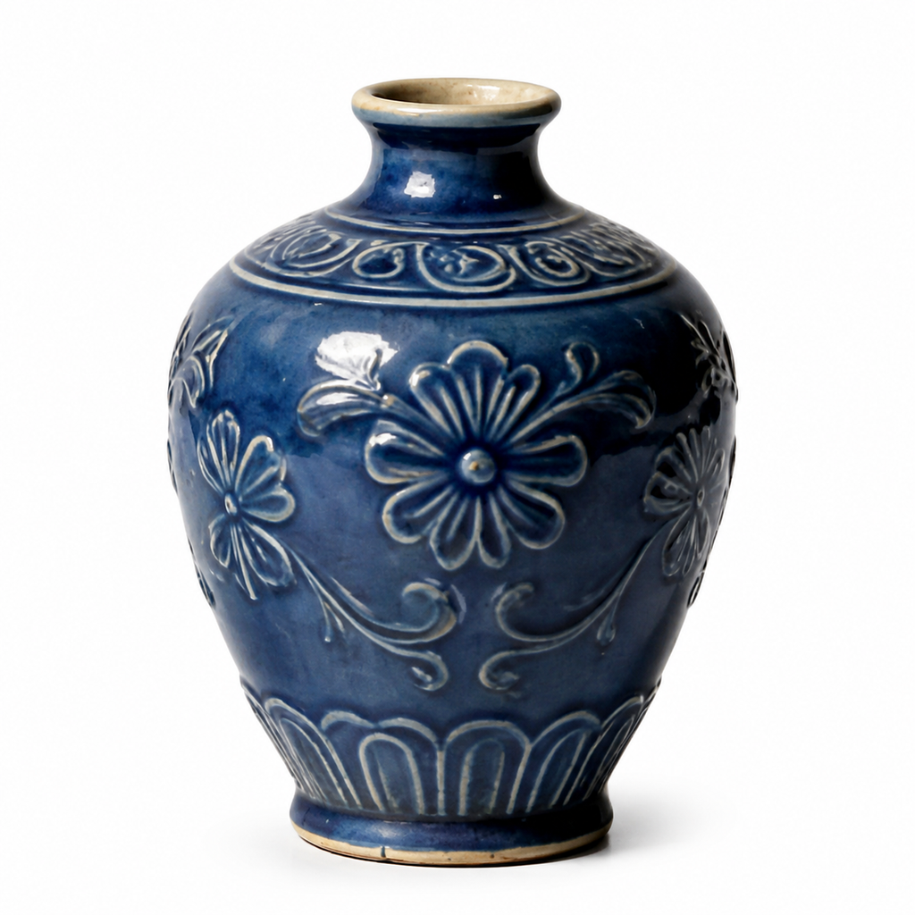 Cobalt Blue Embossed Floral Ceramic Vase