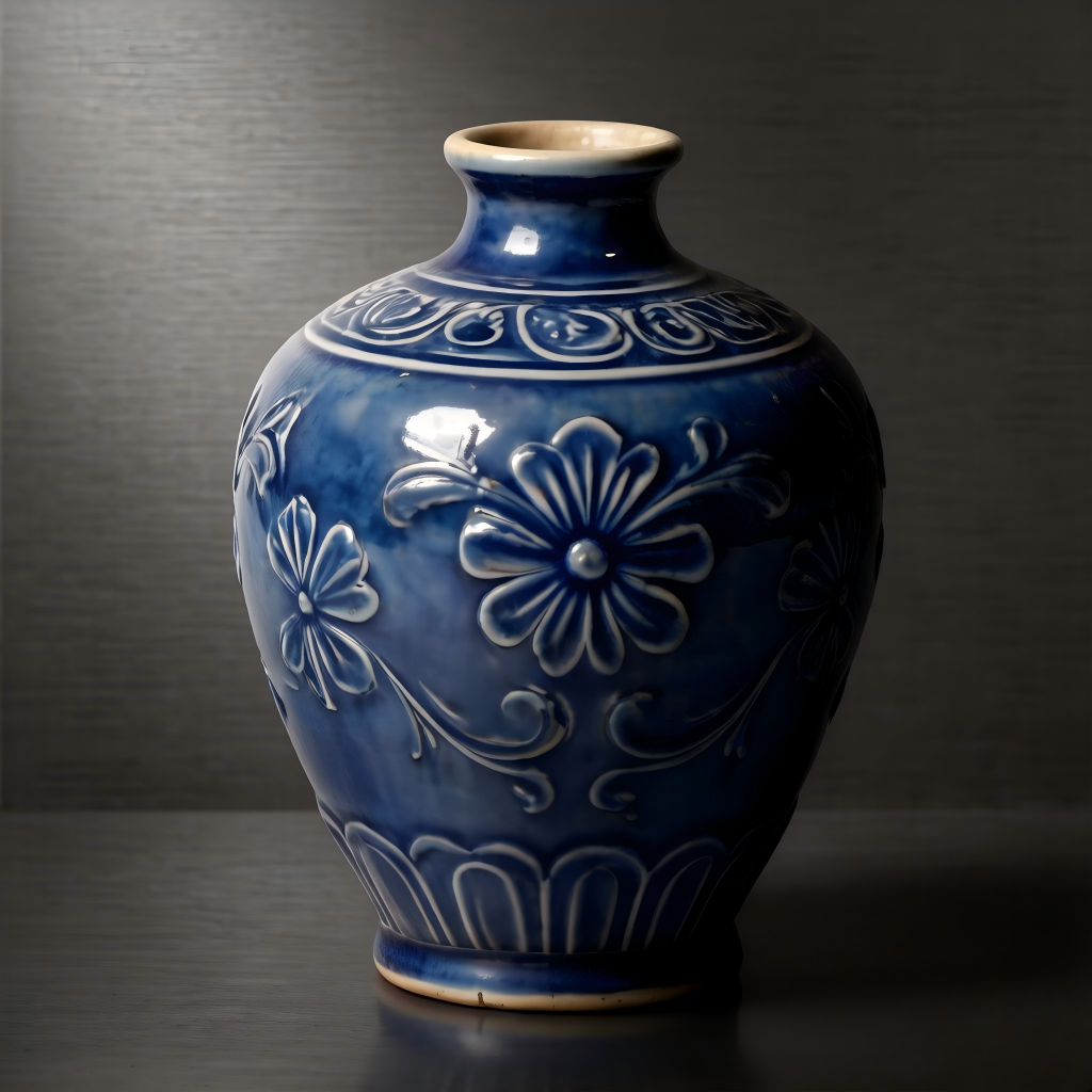 Cobalt Blue Embossed Floral Ceramic Vase