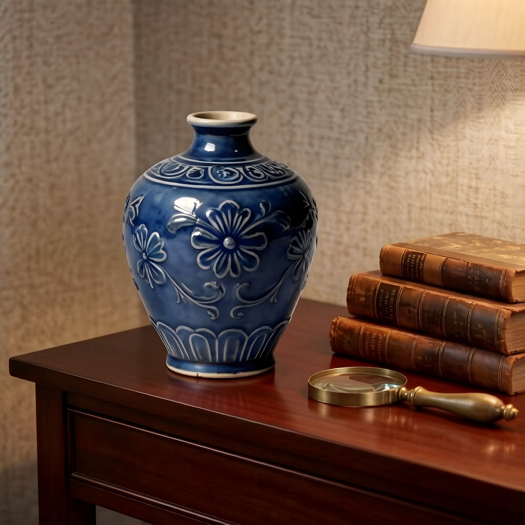 Cobalt Blue Embossed Floral Ceramic Vase