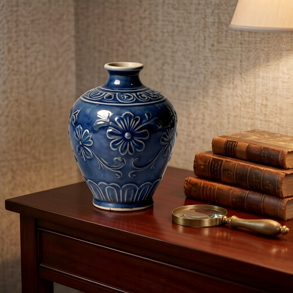 Cobalt Blue Embossed Floral Ceramic Vase