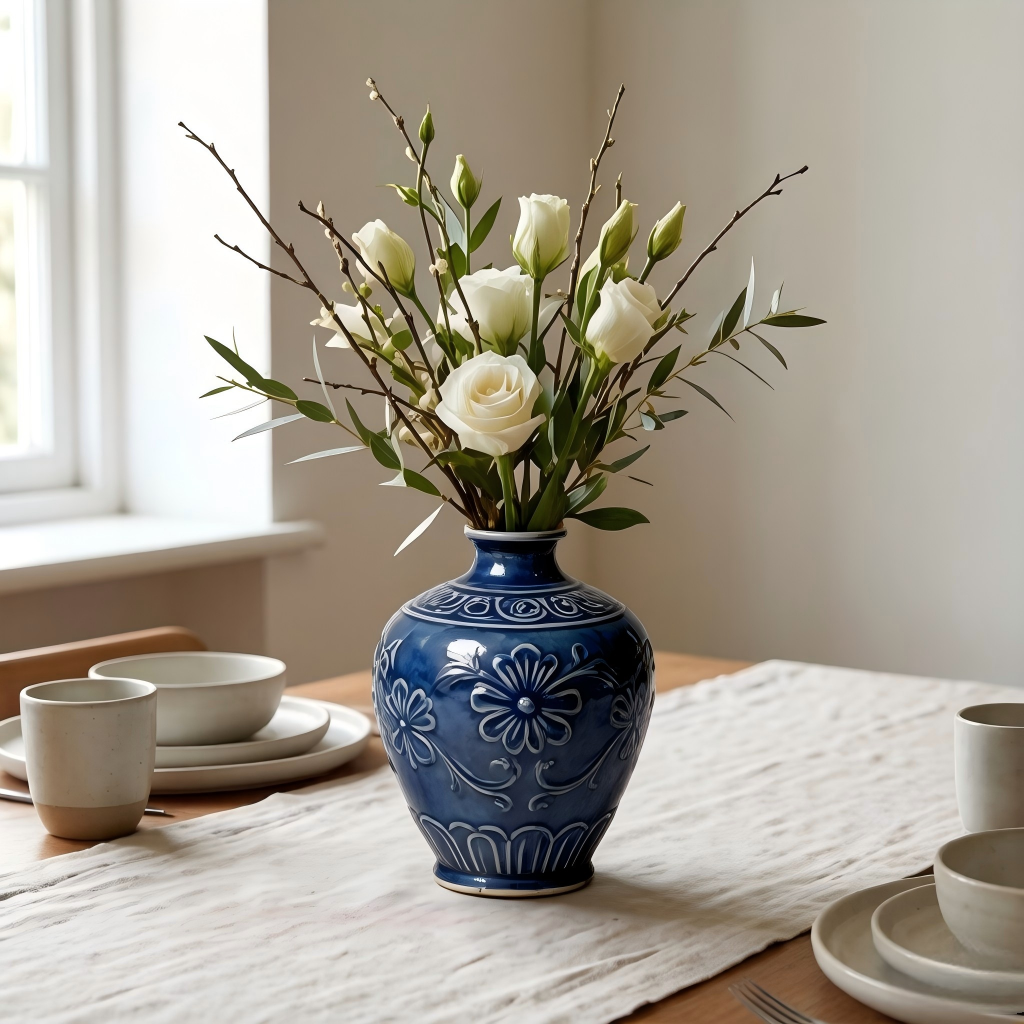 Cobalt Blue Embossed Floral Ceramic Vase