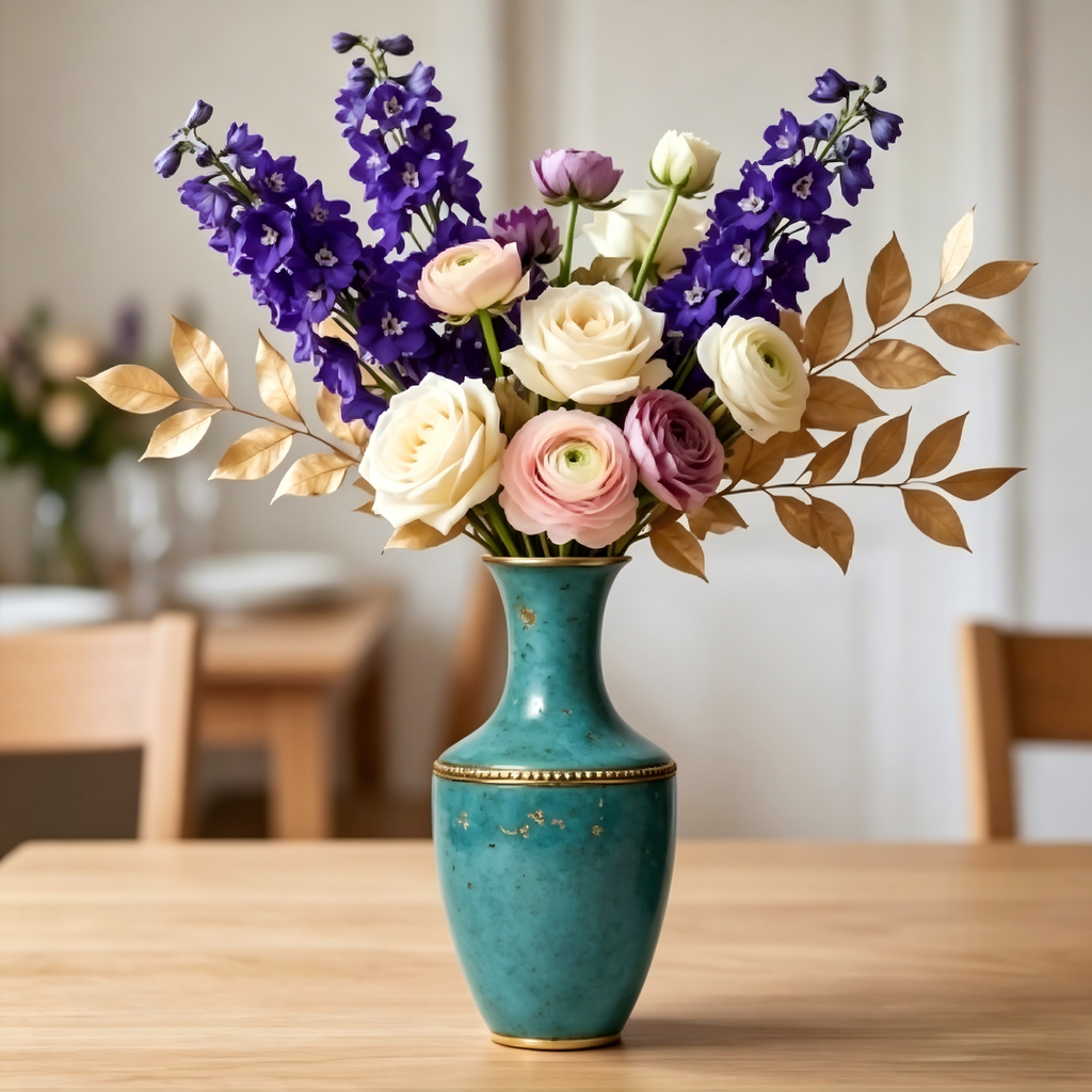 Antiqued Turquoise and Gold Ceramic Vase