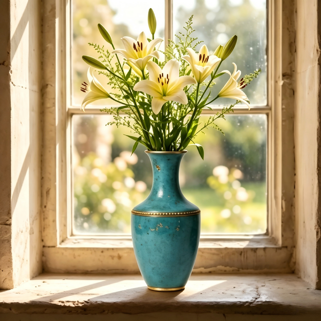 Antiqued Turquoise and Gold Ceramic Vase
