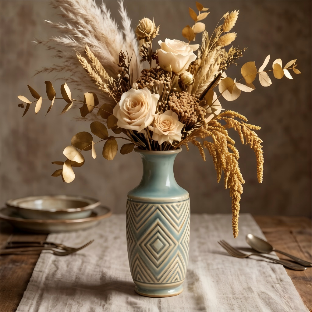 Embossed Geometric Two-Tone Ceramic Vase