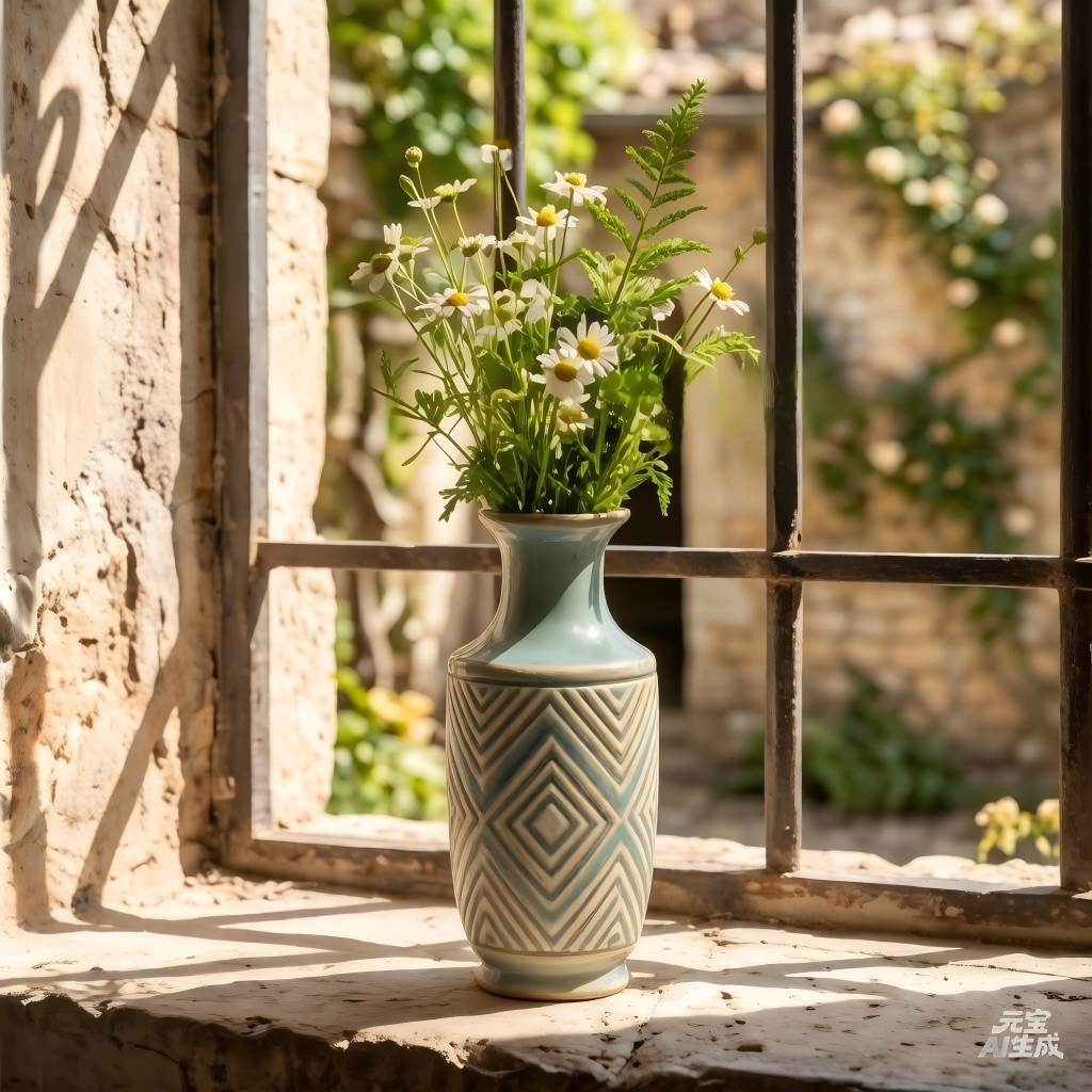 Embossed Geometric Two-Tone Ceramic Vase