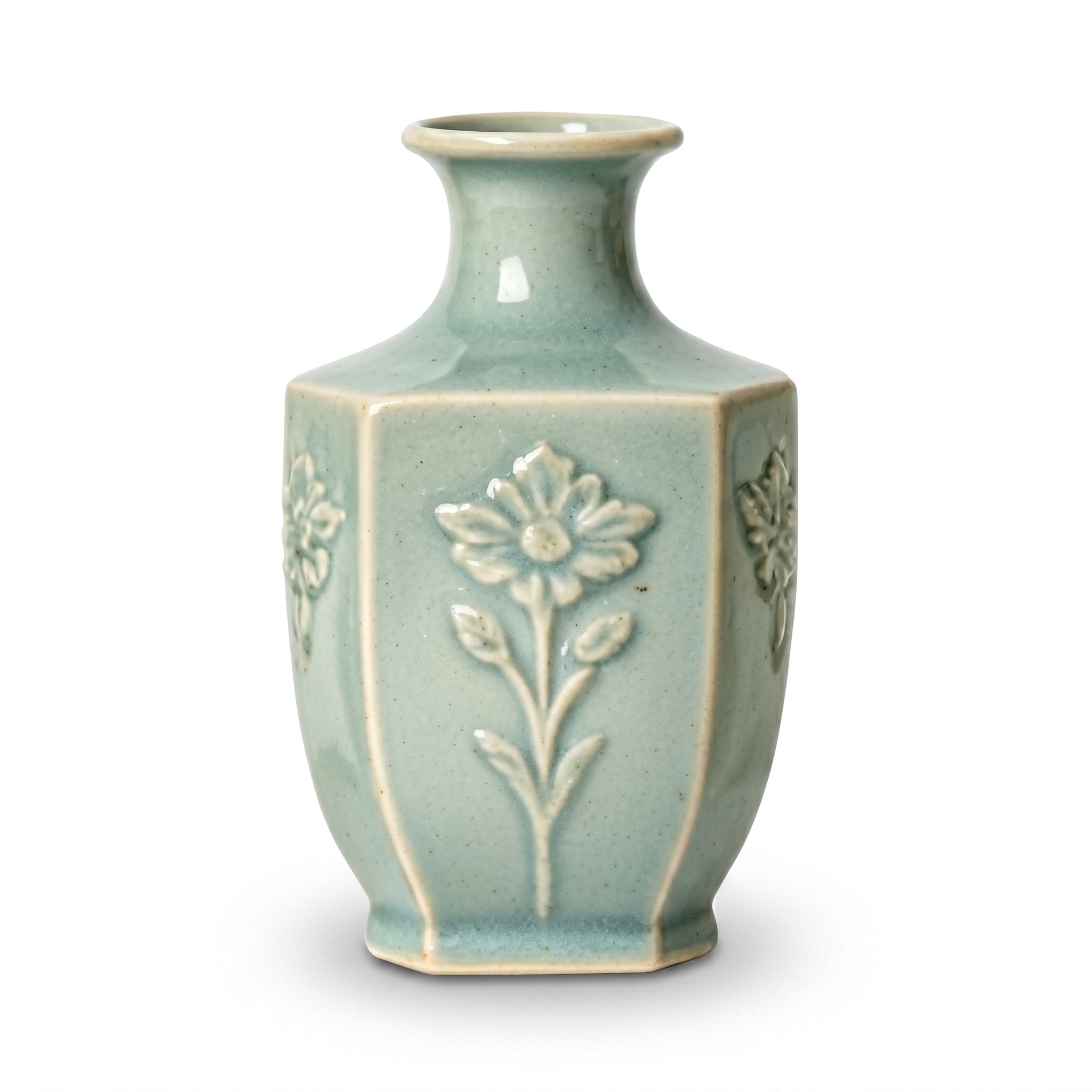 Hexagonal Embossed Floral Celadon Vase