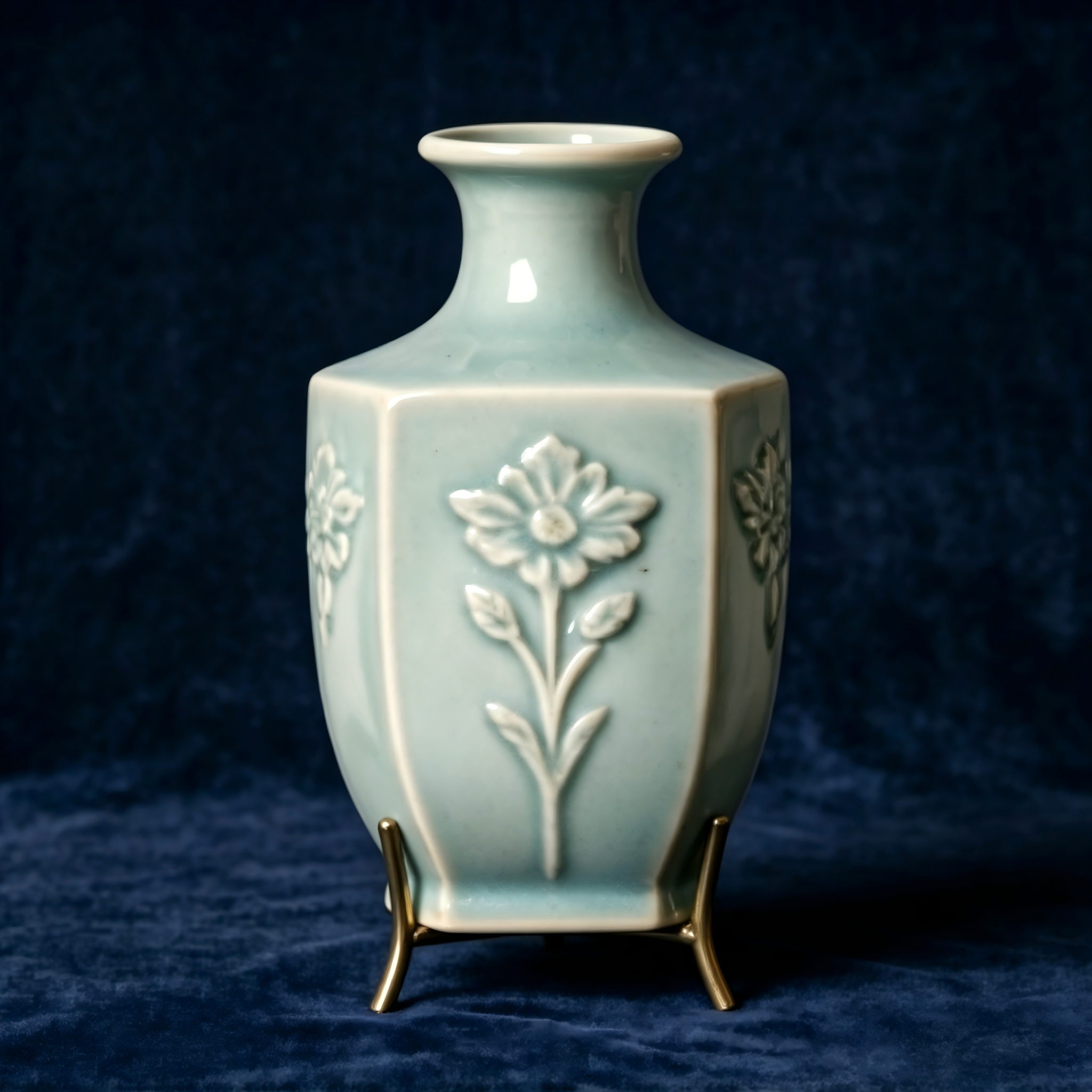 Hexagonal Embossed Floral Celadon Vase