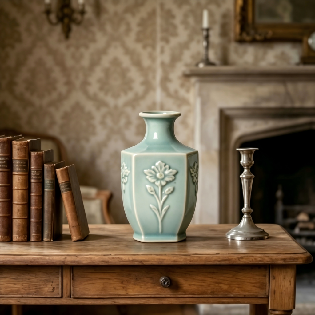 Hexagonal Embossed Floral Celadon Vase