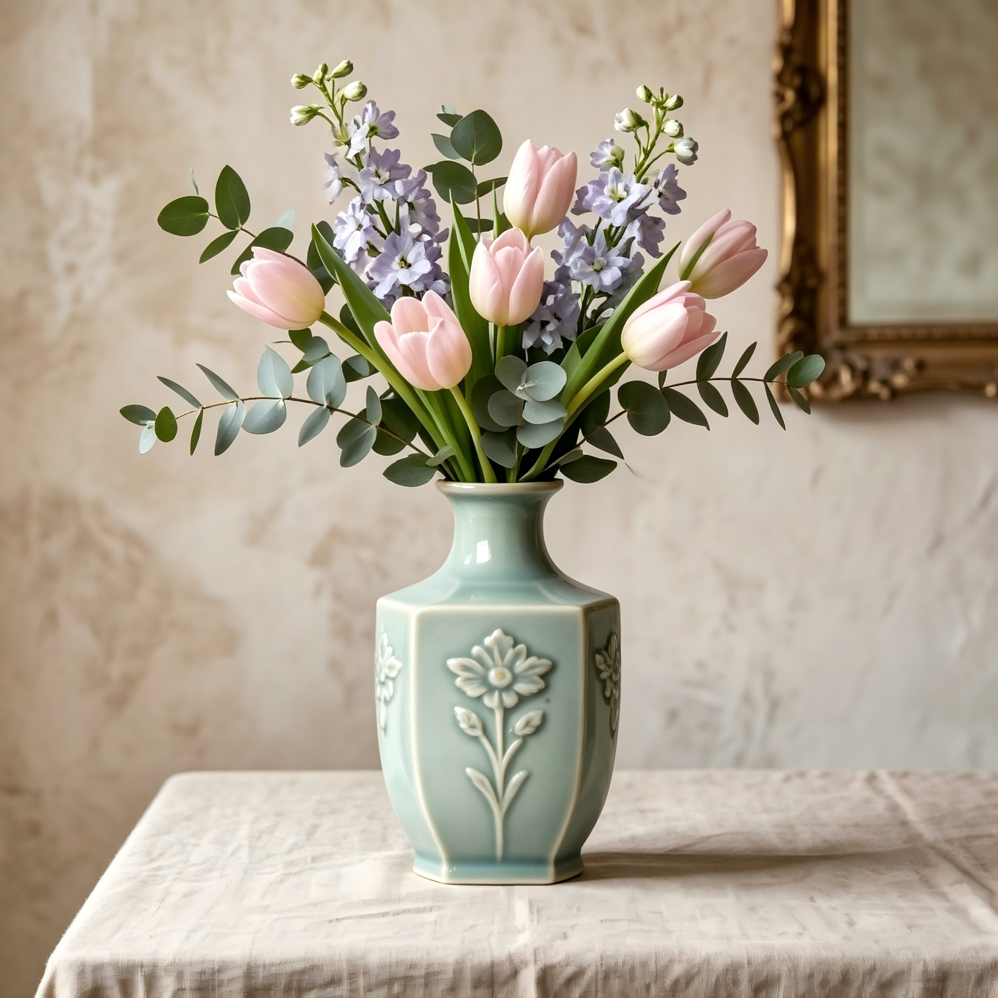 Hexagonal Embossed Floral Celadon Vase