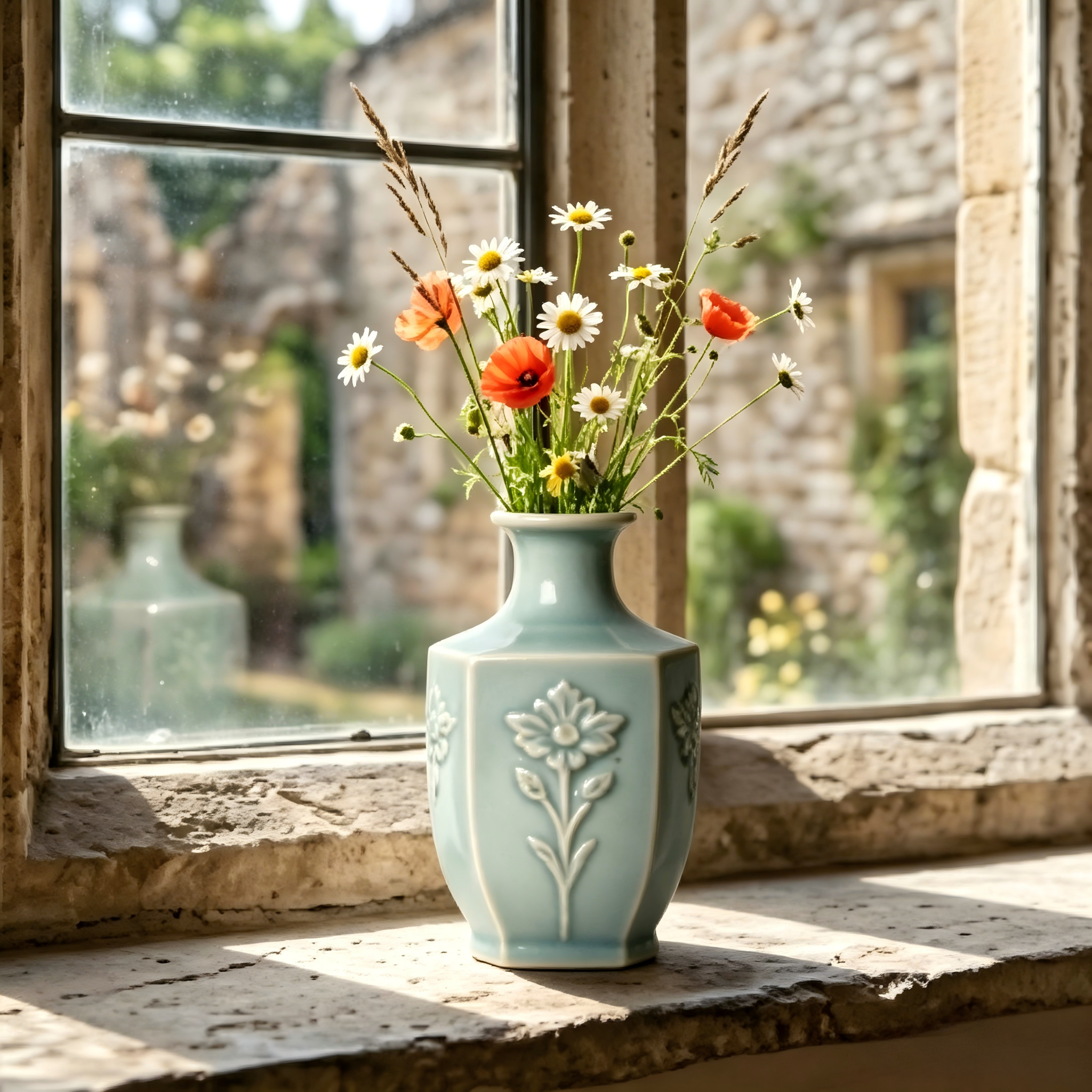 Hexagonal Embossed Floral Celadon Vase