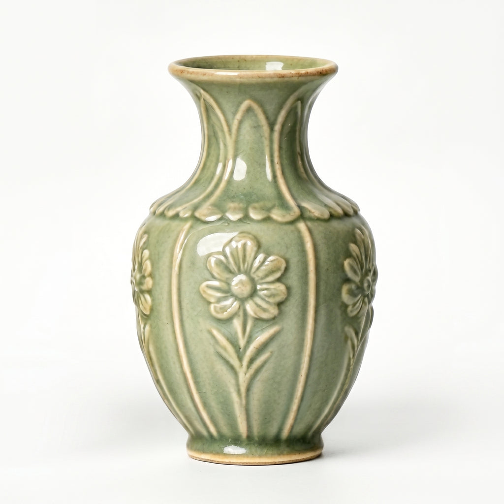 Scalloped Floral Celadon Ceramic Vase