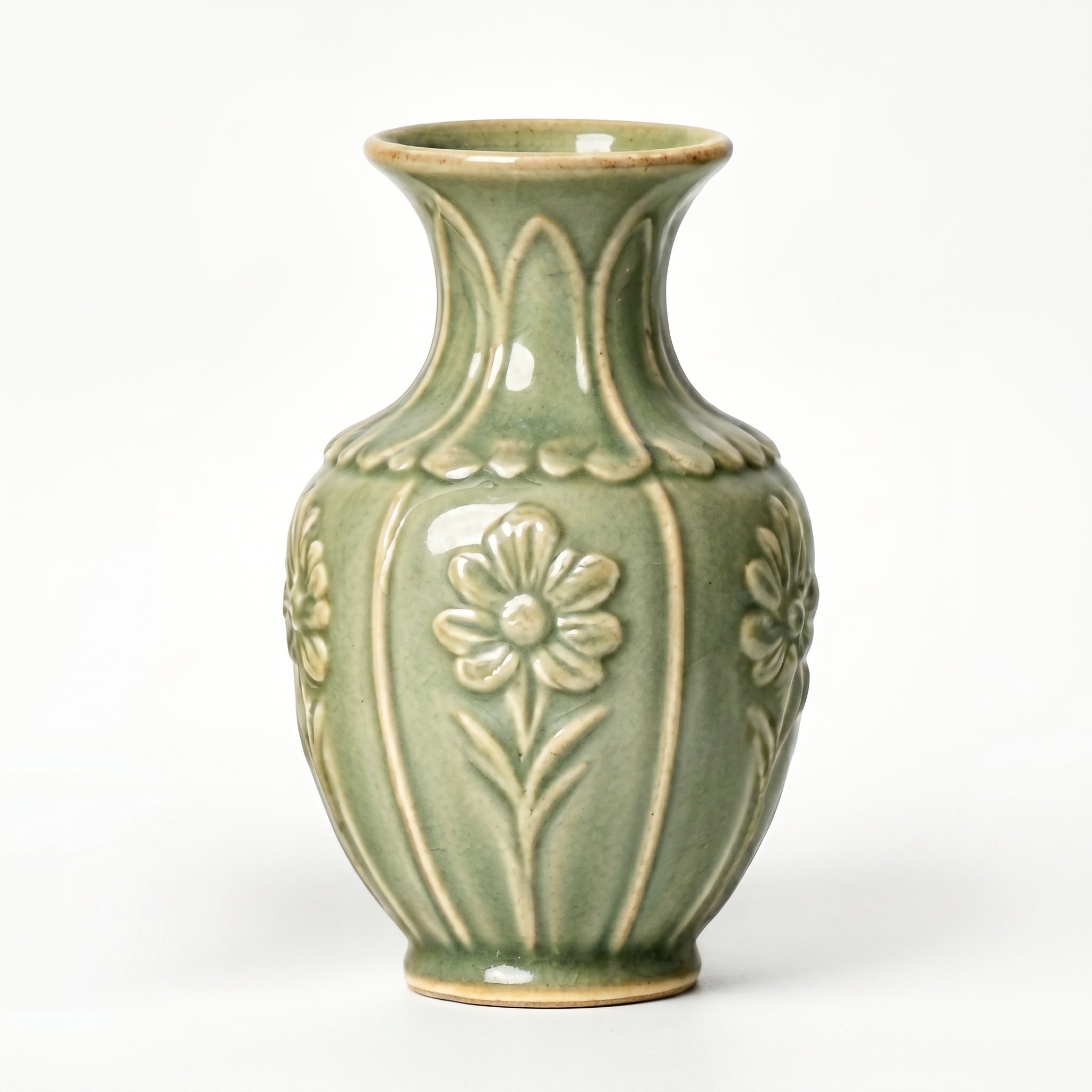 Scalloped Floral Celadon Ceramic Vase