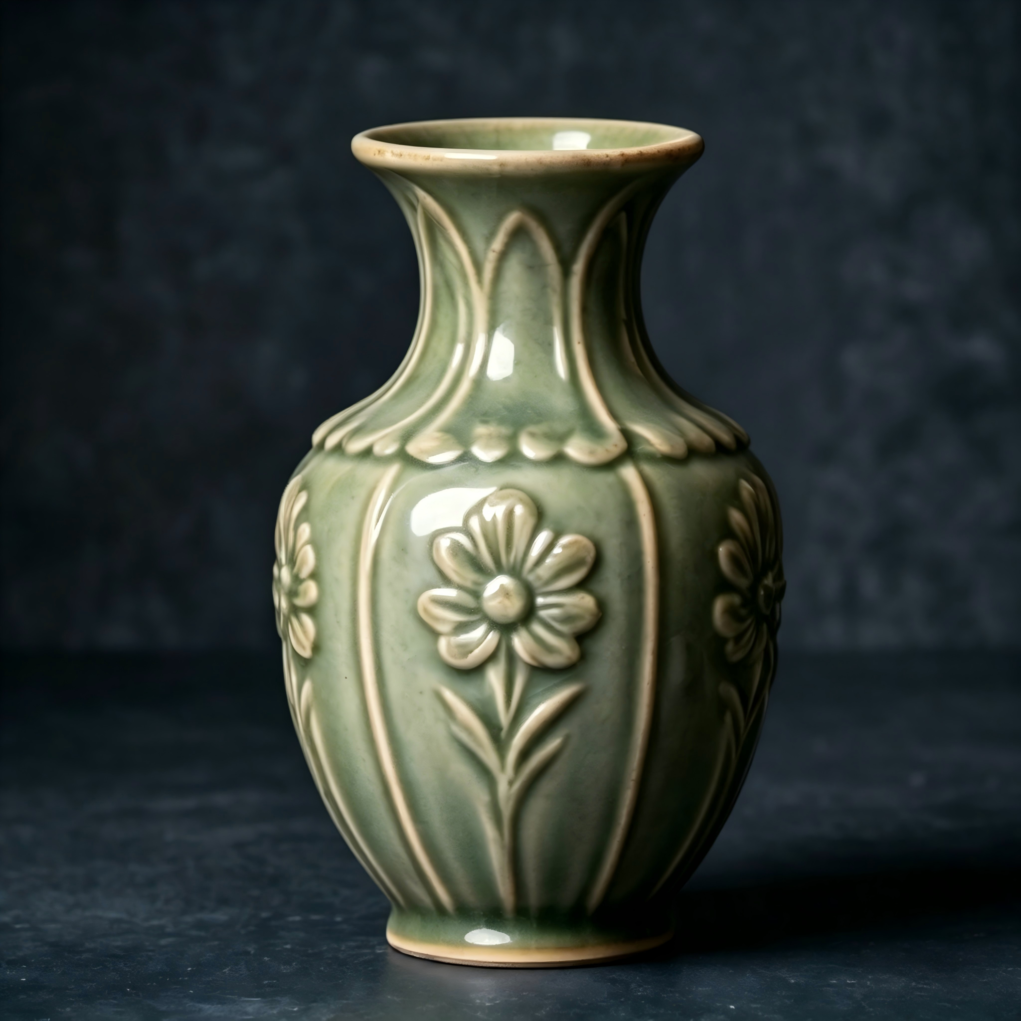 Scalloped Floral Celadon Ceramic Vase