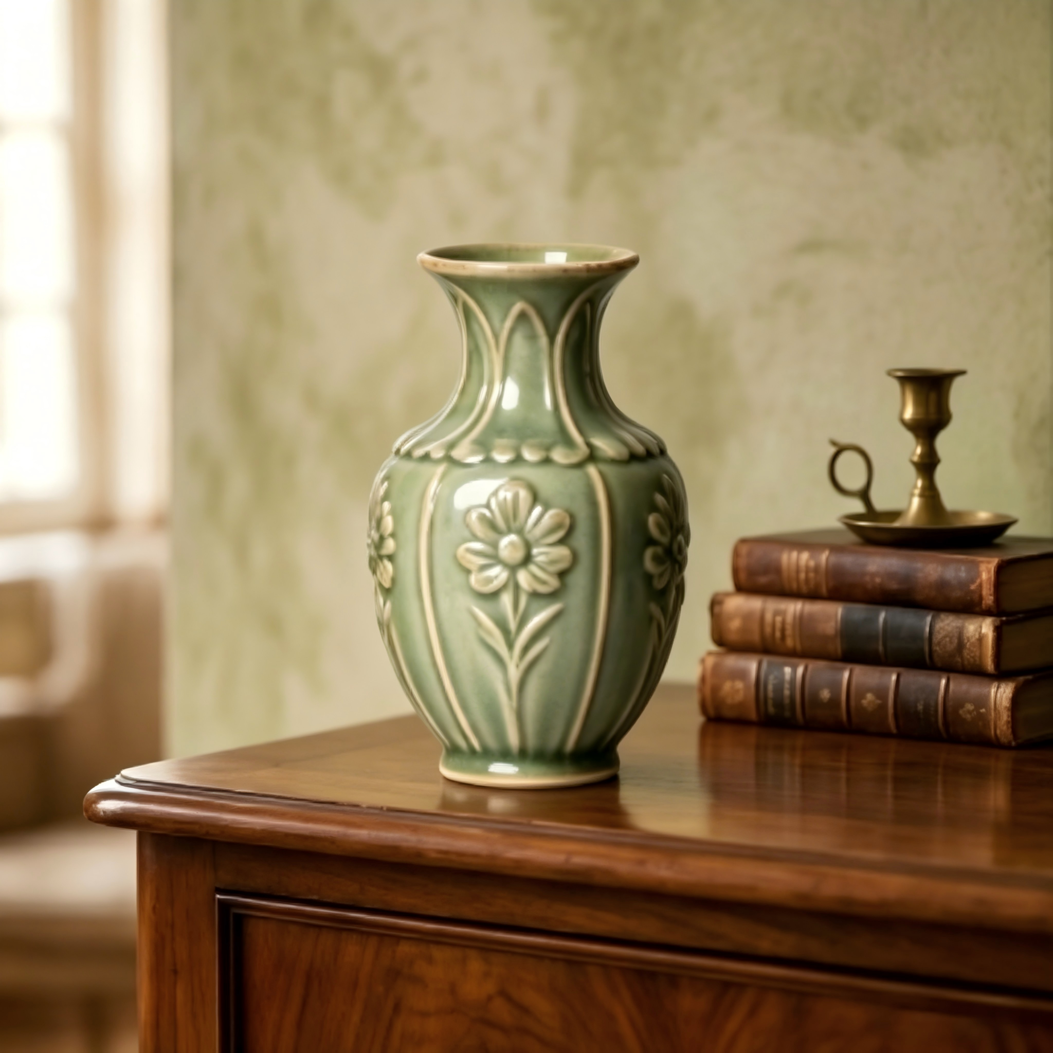 Scalloped Floral Celadon Ceramic Vase