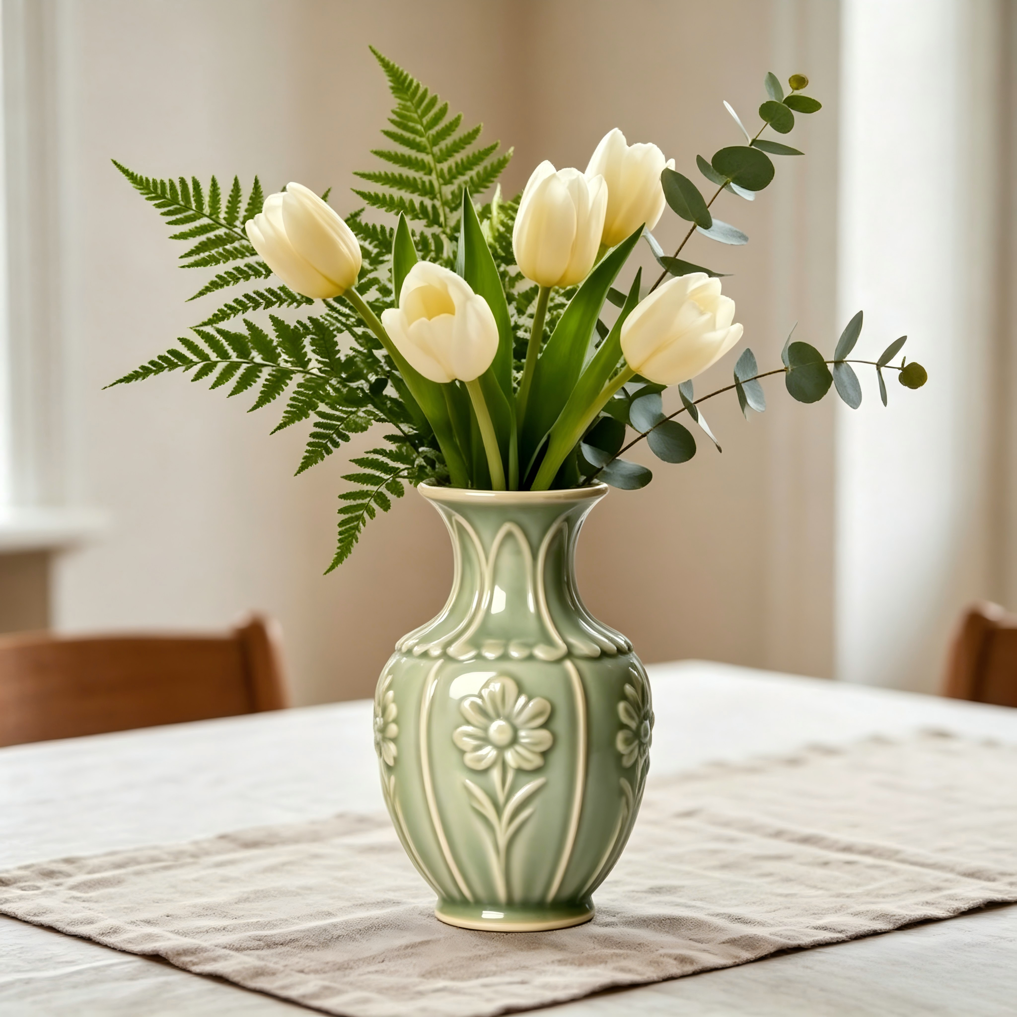 Scalloped Floral Celadon Ceramic Vase