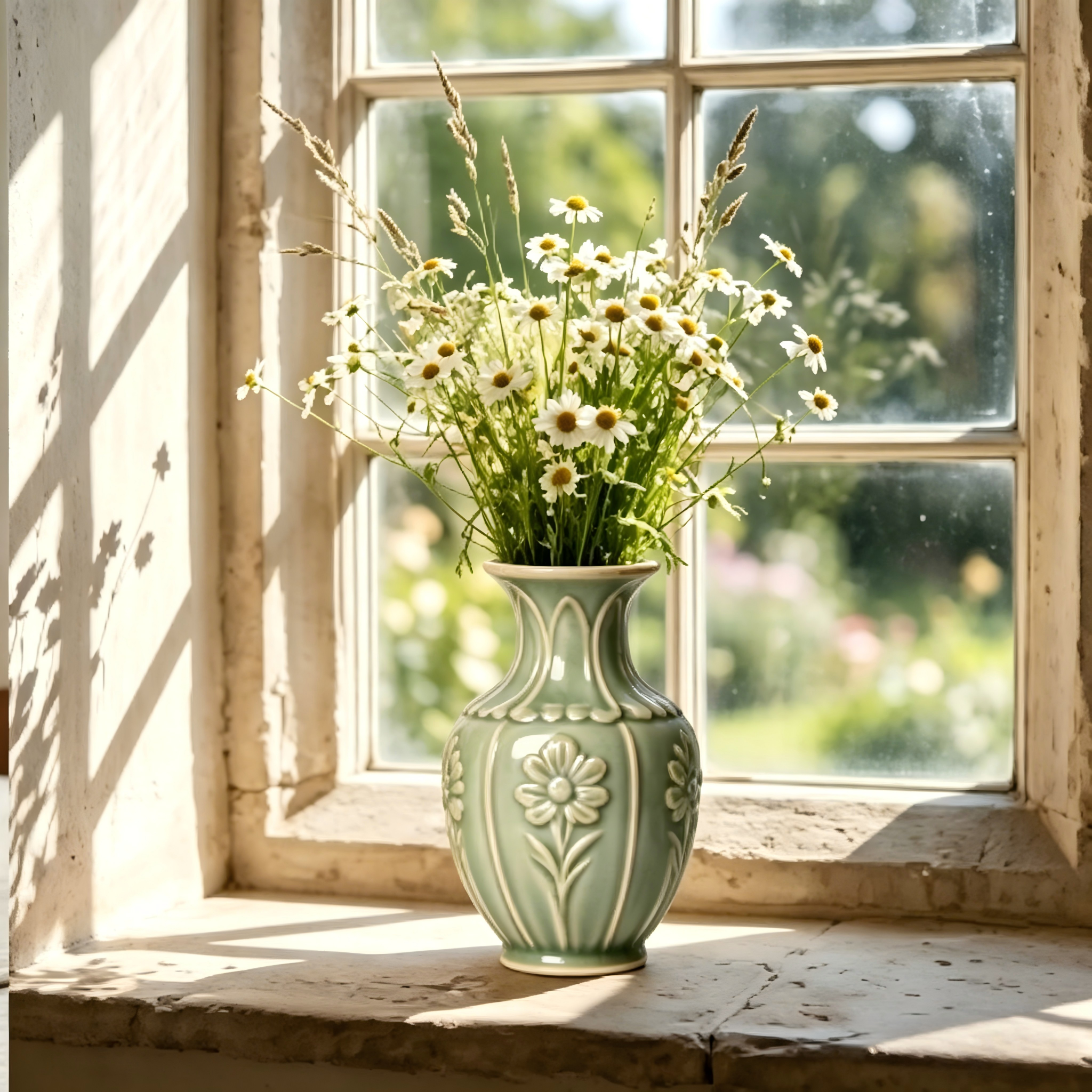 Scalloped Floral Celadon Ceramic Vase